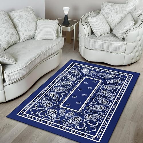 Miniatura 4 de Alfombra bandana personalizable para sala de estar, color azul y blanco, tapete antideslizante para niños, lavable a máquina, transpirable,