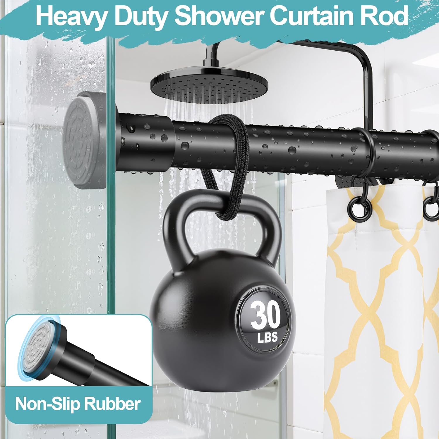 YNL Black Shower Curtain Rod 32-64 Inch(2.7-5.33ft), Non-Slip, Never Rust, Stainless Steel No Drill Spring Tension Shower Rod, Adjustable Curtain Rod for Small Window Doorway Closet thumbnail