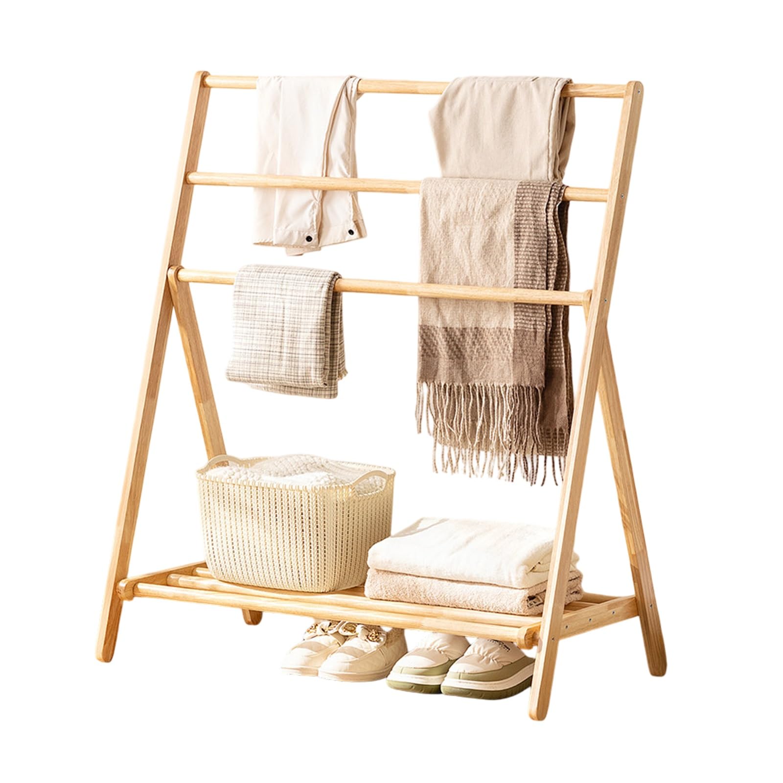 Porte-serviettes autoportant pliable de 102 cm en bois naturel à 3 barres avec étagère