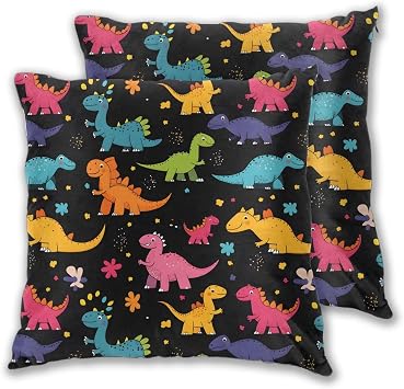Funny Cartoon Square Throw Pillow Covers Set of 2, Colorful Dinosaurs Decorative Couch Pillowcase with Hidden Zipper, 16x16 Inch Double Side Print Throws Cushion Cover for Bed Sofa