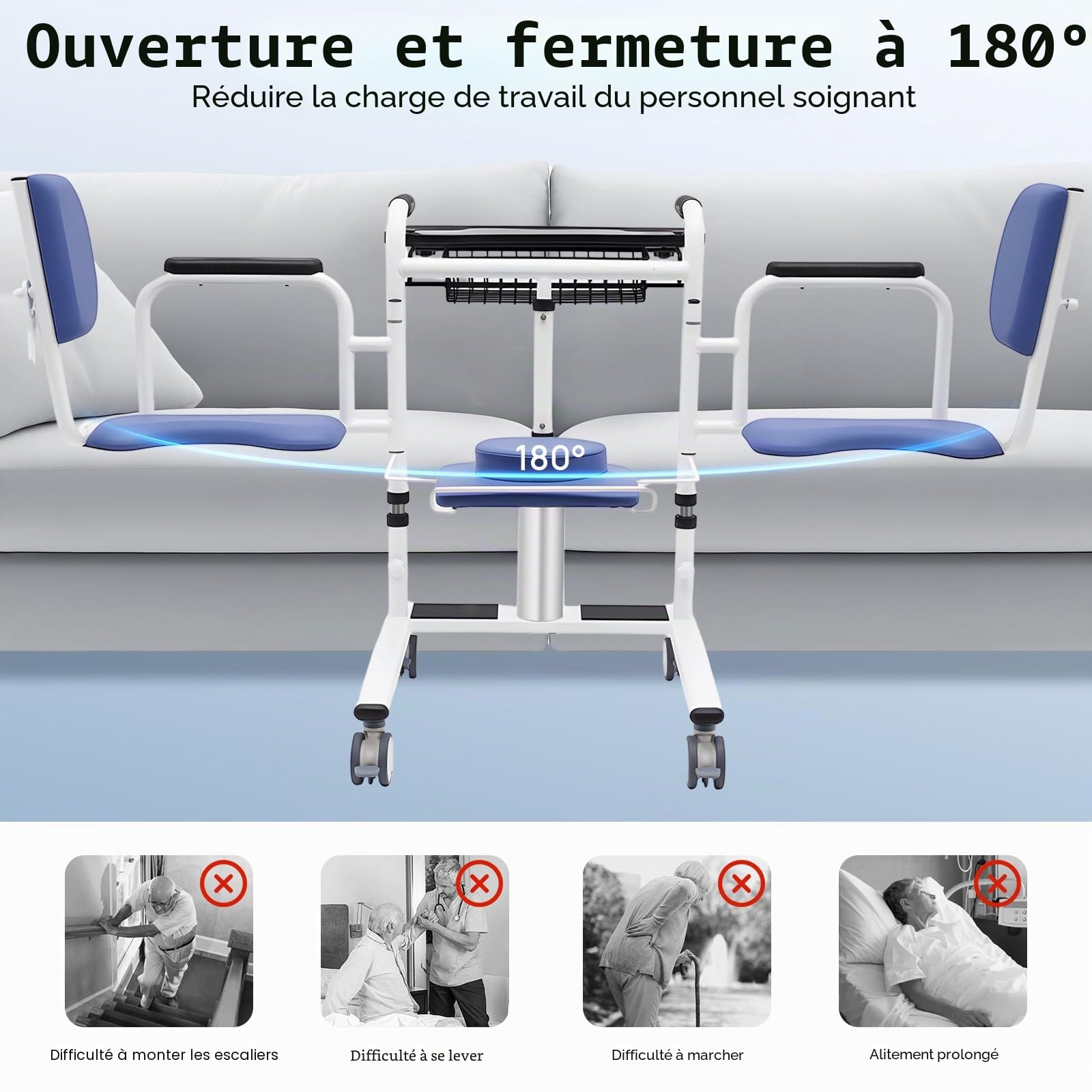 Chaise de transfert hydraulique pour patients - Hauteur réglable - Avec roulettes et siège divisé - Charge maximale : 150 kg - Pour l'intérieur et l'extérieur