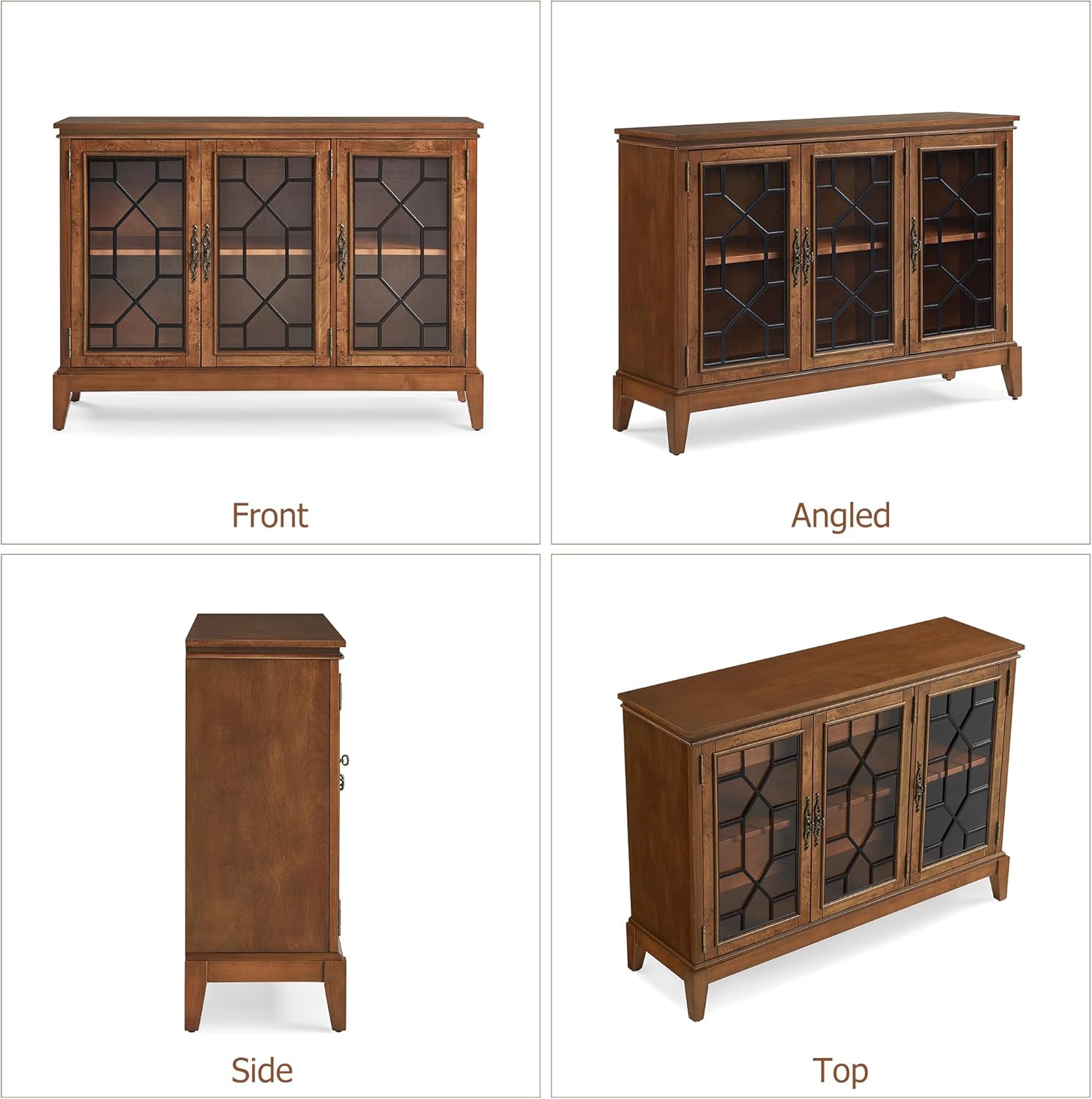 Morden Fort Sidebord Buffet Cabinet with Storage, 48" Solid Wood Coffee Bar with 3 Glass Door, Mid Century Modern Credenza for Living Room, Kitchen and Entryway, Cherry