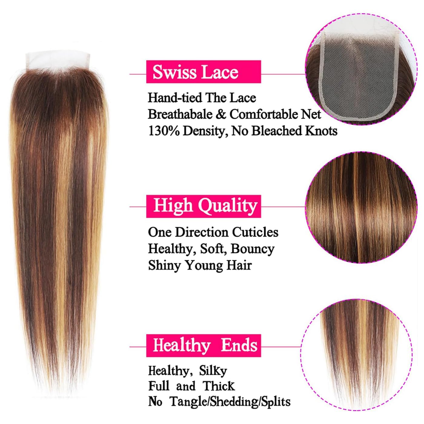 Highlight Closure Human Hair 4x4 Lace Closure Straight Ombre Color Chocolate Brown to Caramel Blonde Remy Hair Lace Closure With Natural Hairline Free Part 18 inch(18 inch #P4/27) - Image 3