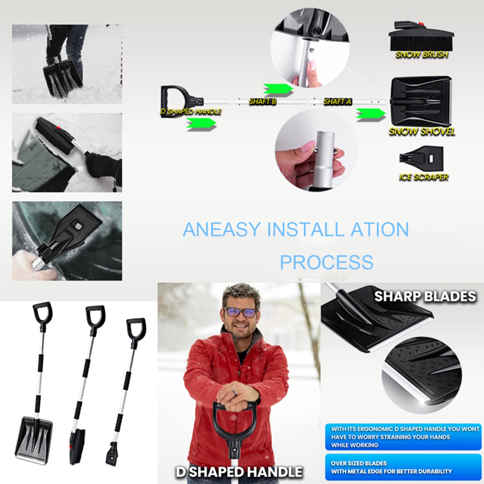 Juego de Pala de Nieve de Acero Inoxidable 3 en 1,Plegable Ajustable para Acampar al Aire Libre, para el Parque