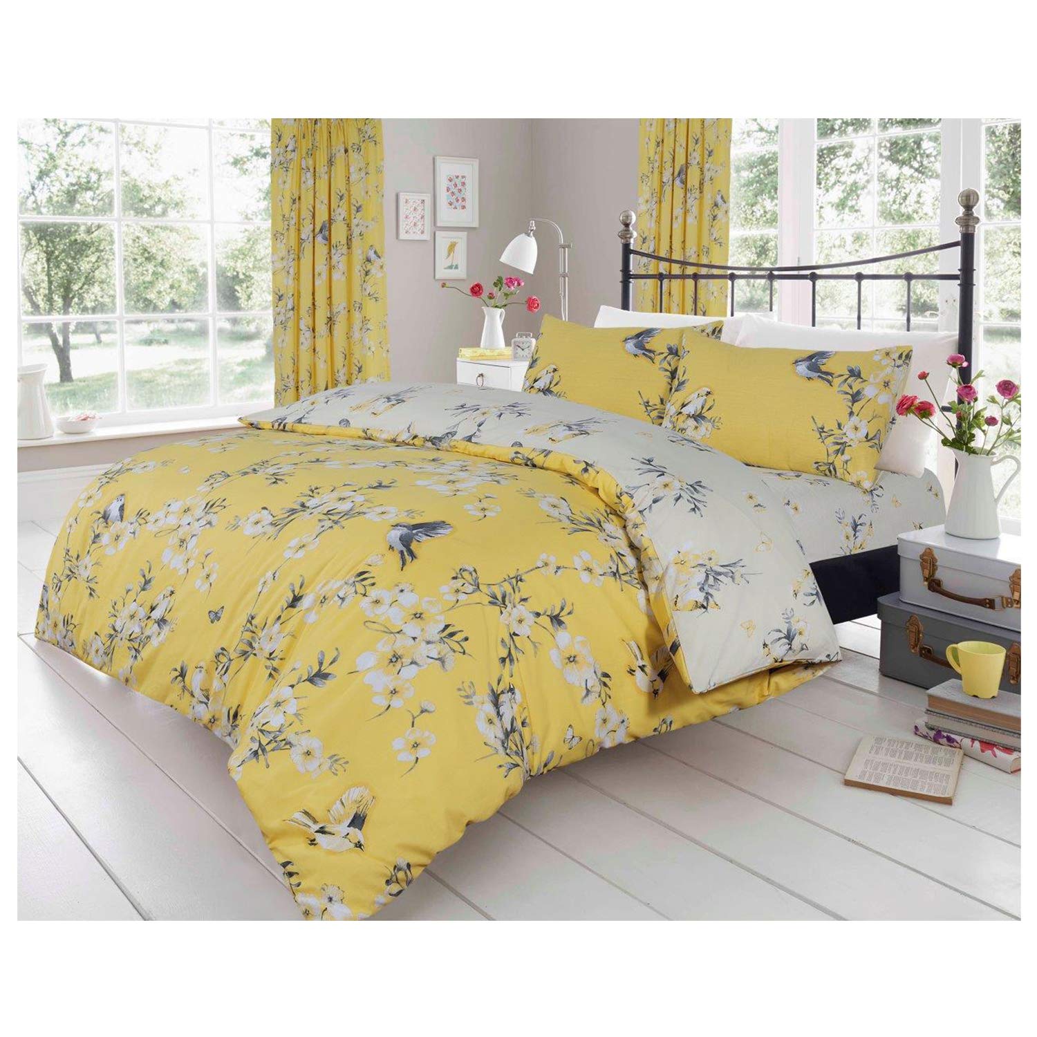 FAIRWAYUK Floral Duvet Cover Set, Reversible Bedding Double Bed Size With Pillowcase, Ultra Soft Easy Care, Ochre Quilt Covers, 3 Pieces Hypoallergenic, 200x200cm