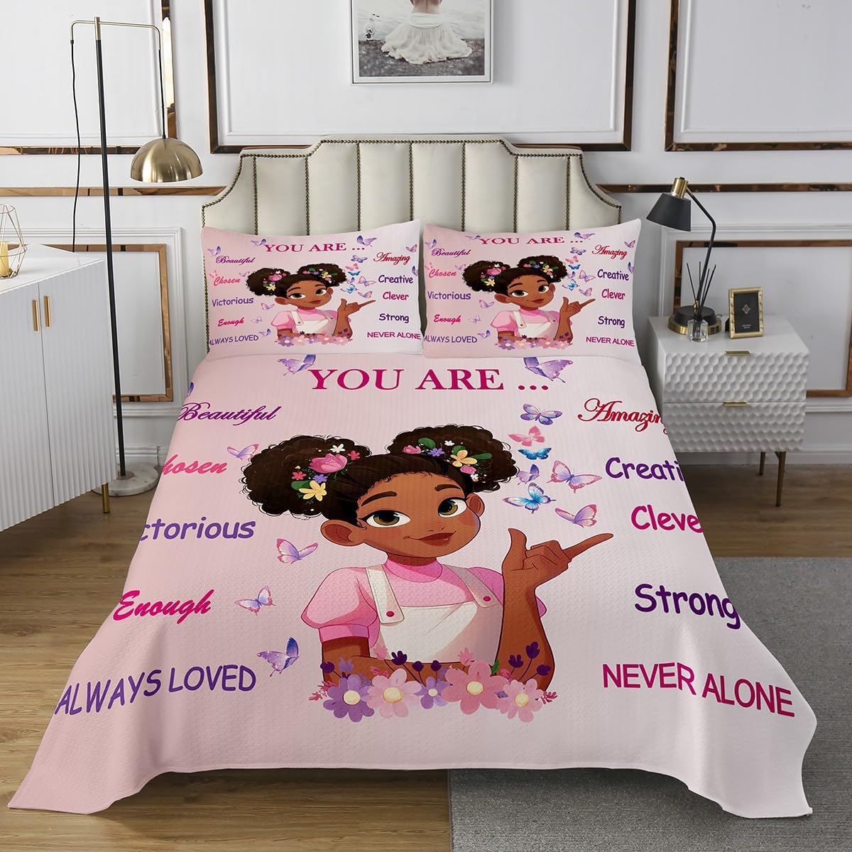 Erosebridal Black Girls Princess with Flowers Quilt Set, Pastel Pink Girly Coverlet Sets Yellow Sunflower Decor Bed Set for Nursery Colorful Floral African Kids Bedspread, Queen 3Pcs