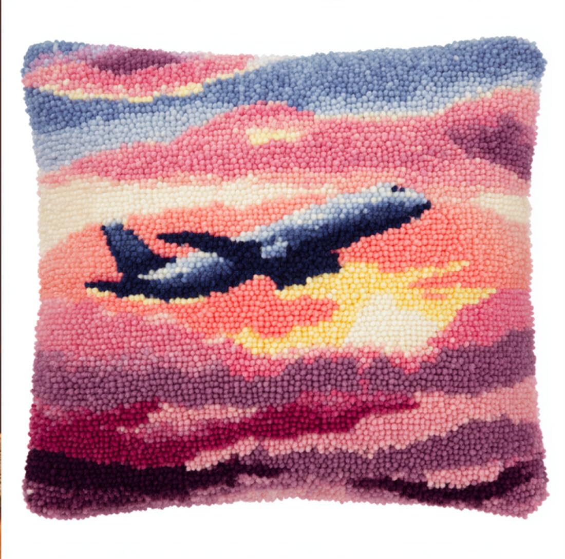 Kitquiver Latch Hook Cushion Craft Kits Cartoon Airplane Cross Stitch Pillowcase Making Kits,DIY Latch Hook Rug Kit Embroidery 17x17In