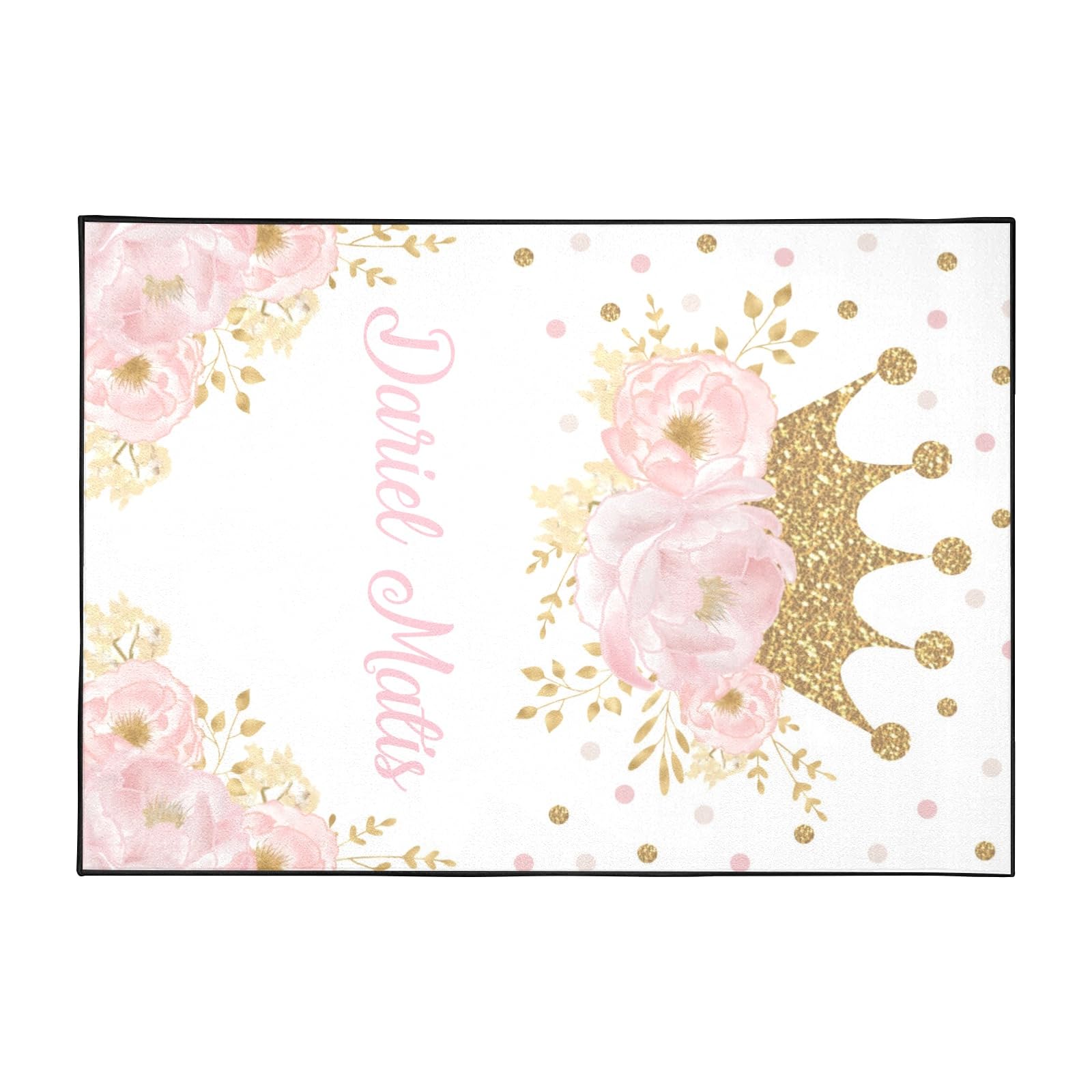 Pink Blush Floral Gold Crown Personalized Non-Slip Area Rug Custom Name Text Home Carpet Floor Mat for Bedroom Living Room Yoga Home Decorative Rug 4'