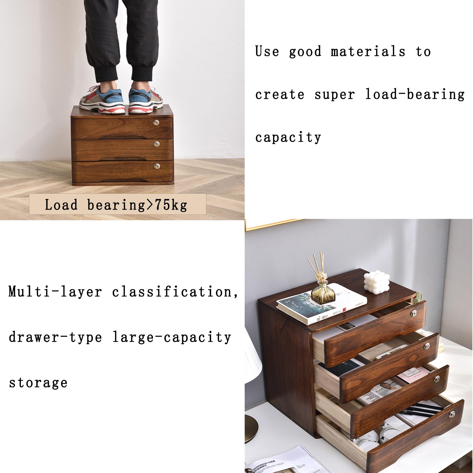 Holz-Schubladenbox, Schreibtisch-Organizer mit 4 Schubladen, Schloss, A4-Quittungsordner-Organizer, Mini-Holzkommode für Zuhause, Küche, Büro (C, Weiß, Nussbaum, Gelb)