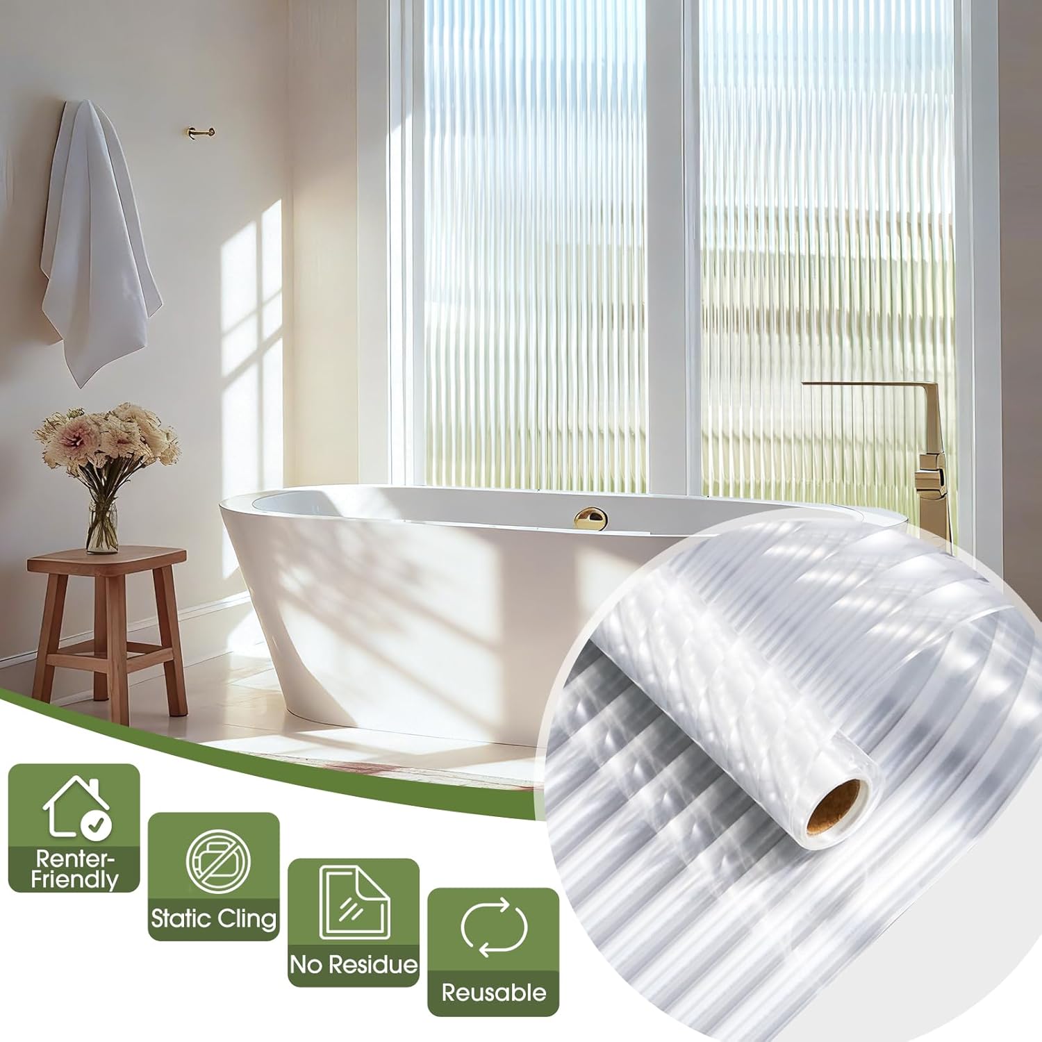 Beautyhero Reeded Glass Window Privacy Film with 3 Tools, 3D Decorative Fluted Frosted Glass Door Coverings, Static Cling Removable UV Blocking Window Tint for Bathroom, Cabinet, 35.4 x 157.4 Inch