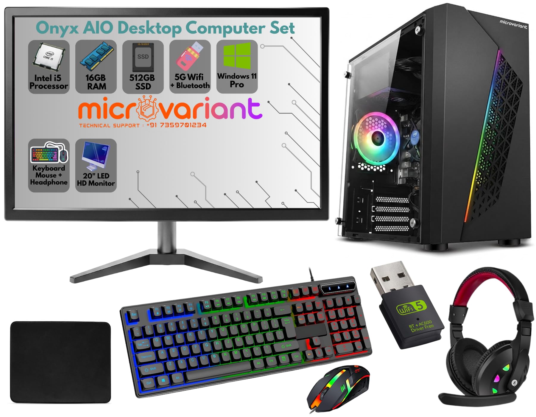 Onyx AIO Desktop Computer Set | Core i5-4th Gen | 16GB RAM | 512GB SSD | 20" Monitor | RGB Keyboard-Mouse | Headphone | 5G WiFi + BT Dongle | HD Graphics | Windows 11 Pro-image-32