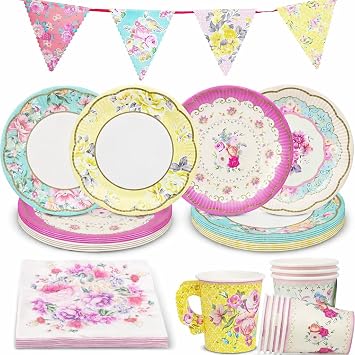 Talking Tables 50pcs Floral Tea Party Decorations - Disposable Paper Plates, Teacups, Napkins & Bunting | Tableware Set for 16 Guests | Birthday Party Set