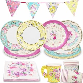 Floral Afternoon Tea Party Decorations for 16 Guests Disposable Tableware Set Pretty Paper Plates Napkins, Teacups, Bunting for Birthday, Mother's Day, Baby Shower, Made by Talking Tables