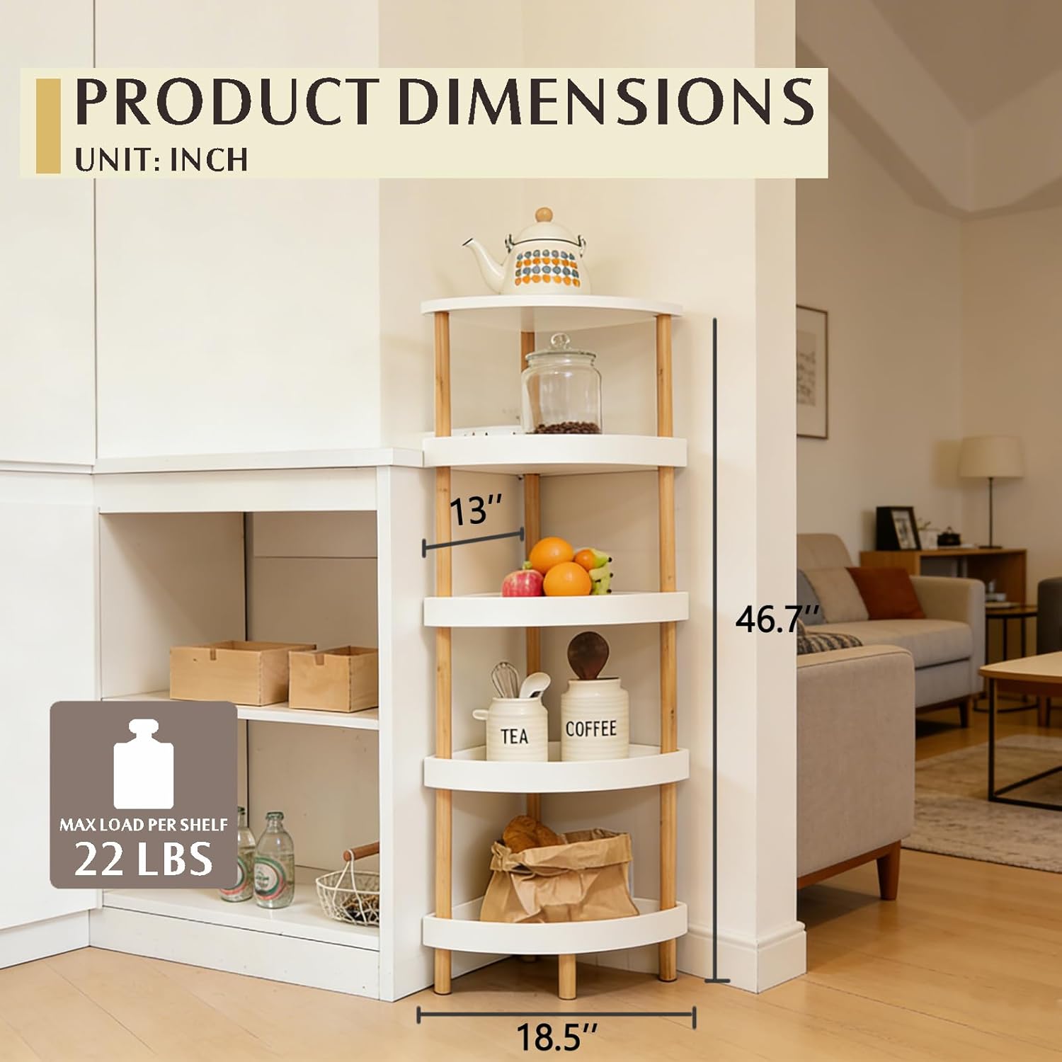 Bamboo 5-Tier Corner Shelf Stand with 5-Layer Lacquer & 4 Sturdy Legs, Space-Saving Durable Corner Rack Organizer for Bathroom, Kitchen, Bedroom, Living Room, Easy Clean Display Shelf Organizer