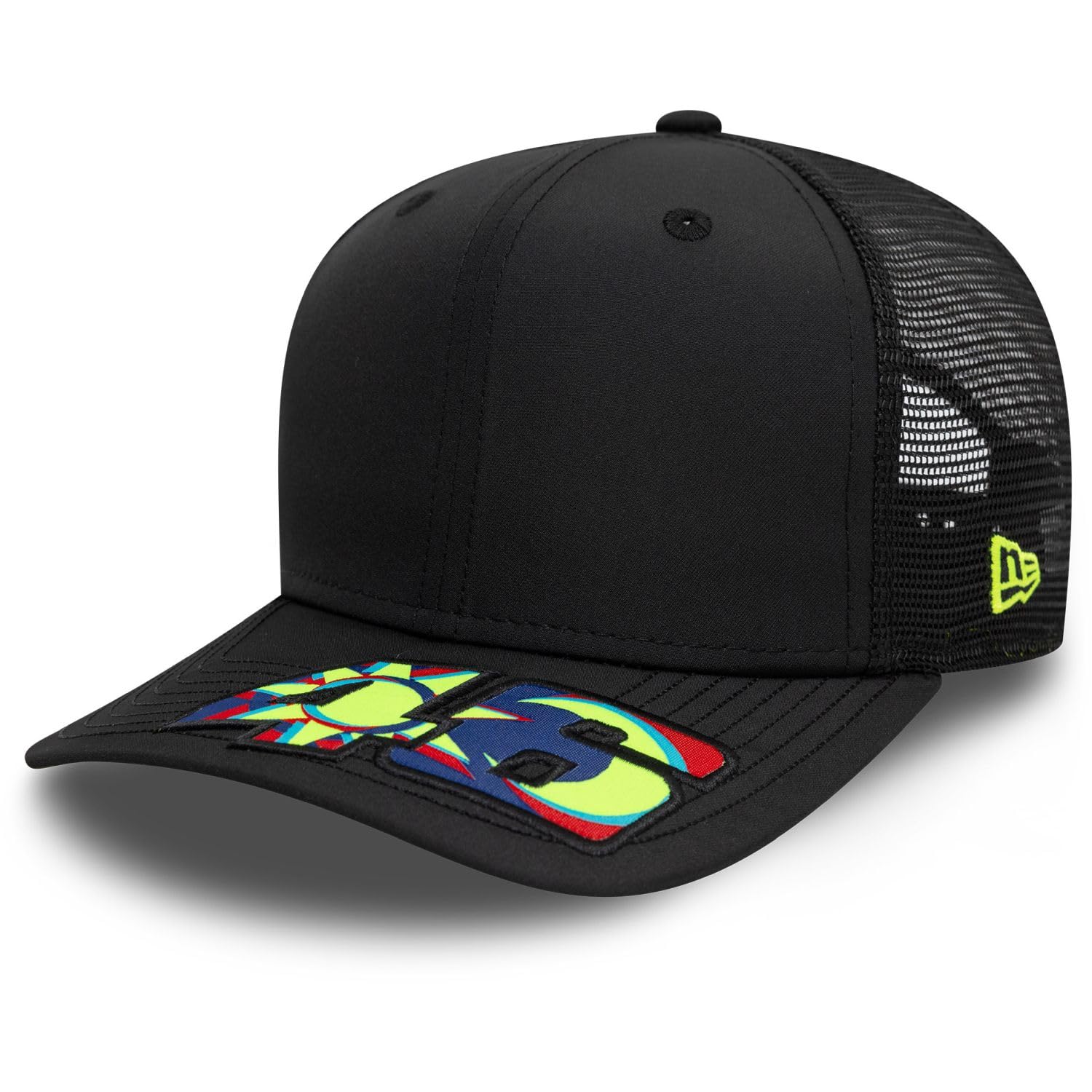 New Era VR46, Valentino Rossi, 9FIFTY Baseball Cap, Moon Sun Design, Black with Neon Yellow, Adjustable Mesh Trucker (UK, Alpha, S, M, Black)