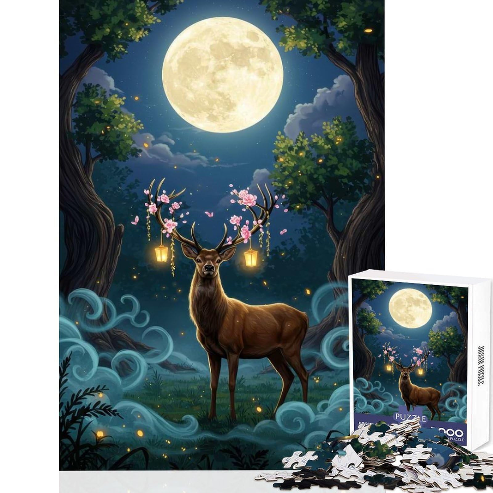 Magical Deer in Moonlight Forest Adults 1000 Pieces Puzzle Cognitive Boost Game Tight Lock No Loose Pieces Portable Travel Friendly Fun Game 38x52cm