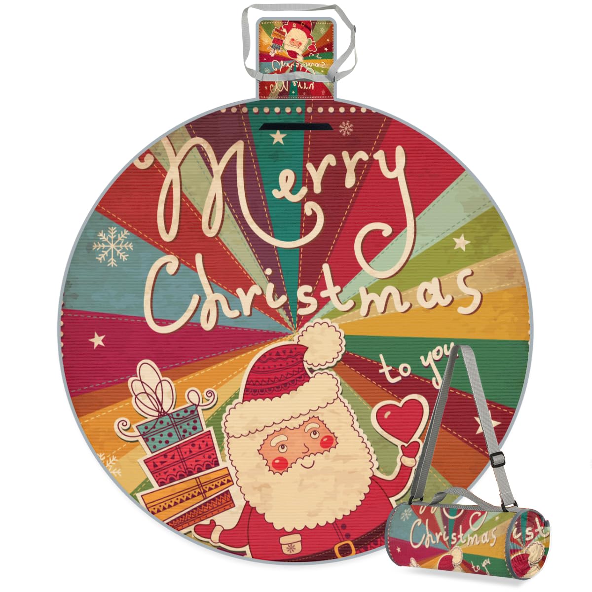 Shimoshe Retro Cartoon Santa Claus Picnic Outdoor Blanket Foldable Waterproof Sandproof Beach Blanket Portable Water-Resistant Round Picnic Mat for Travel Camping Park Lawn