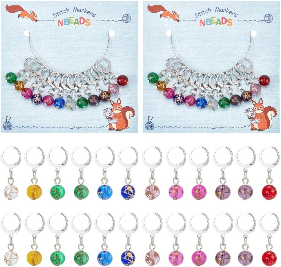 NBEADS 24 Pcs Glass Bead Stitch Markers, Clip-on Crochet Stitch Marker Charms Locking Stitch Marker with 304 Stainless Steel Clasp for Crochet Accessories Quilting Jewelry Making, Mixed Color