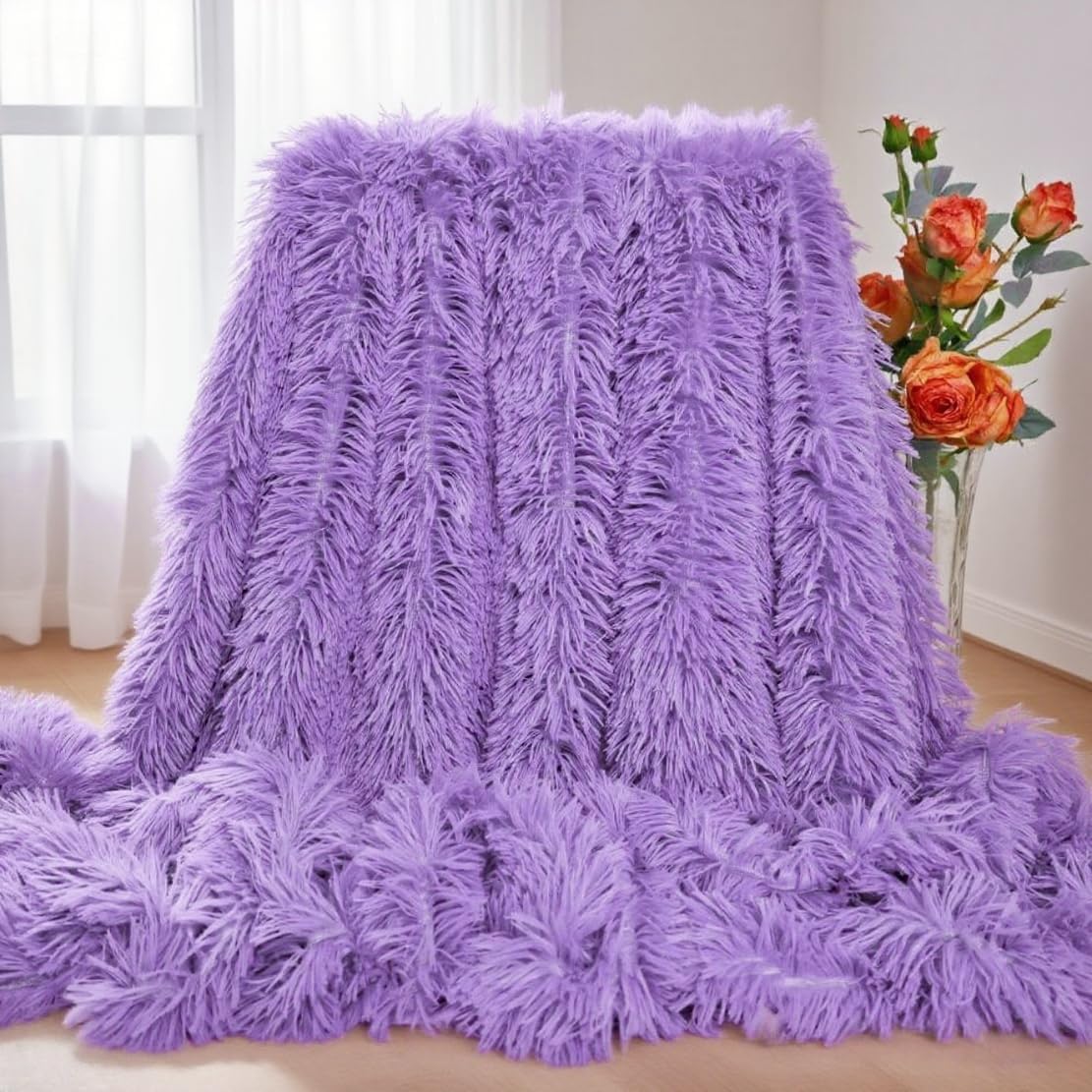 Plush Super Soft Blanket Bedding Sofa Cover Furry Fuzzy Fur Warm Throw Qulit Cozy Couch Blanket for Winter (63"x79", Purple)