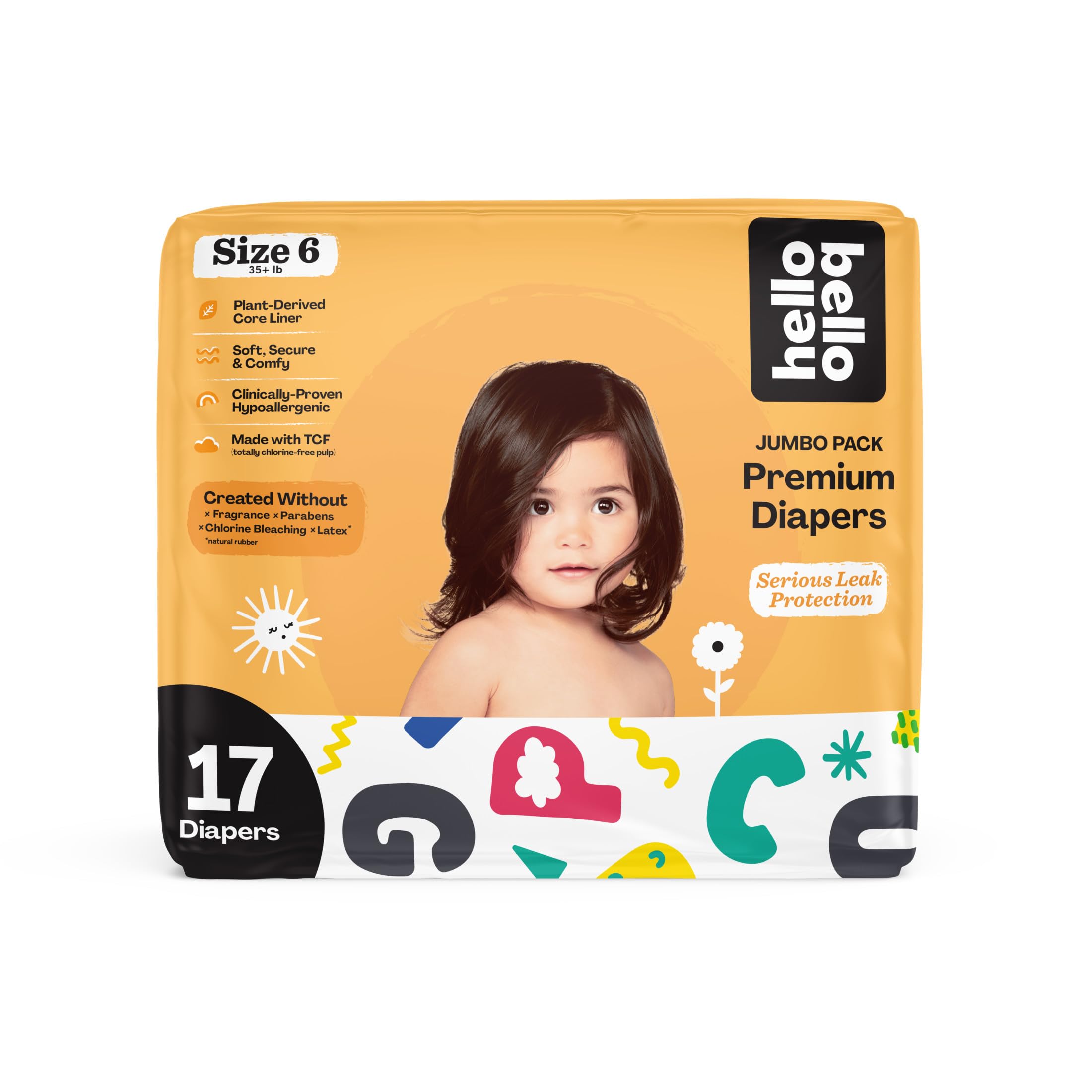Hello Bello Premium Baby Diapers Size 6, 17 Count of, Extra-Absorbent, and Hypoallergenic Baby Diapers with Snug and Comfort Fit, Alphabet Soup