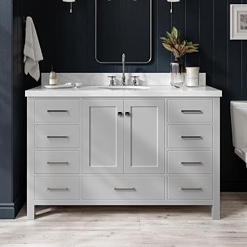 ARIEL Cambridge 54-inch Bathroom Vanity with Sink,Solid Wood, 1.5-inch Italian Carrara Marble Countertop & Backsplash, Single Oval Porcelain Sink, 2 Soft Closing Doors, 9 Dovetail Drawers, Grey