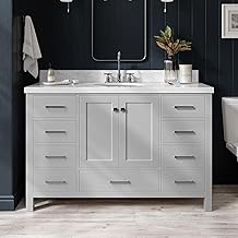 ARIEL Cambridge 54-inch Bathroom Vanity with Sink,Solid Wood, 1.5-inch Italian Carrara Marble Countertop & Backsplash, Single Oval Porcelain Sink, 2 Soft Closing Doors, 9 Dovetail Drawers, Grey