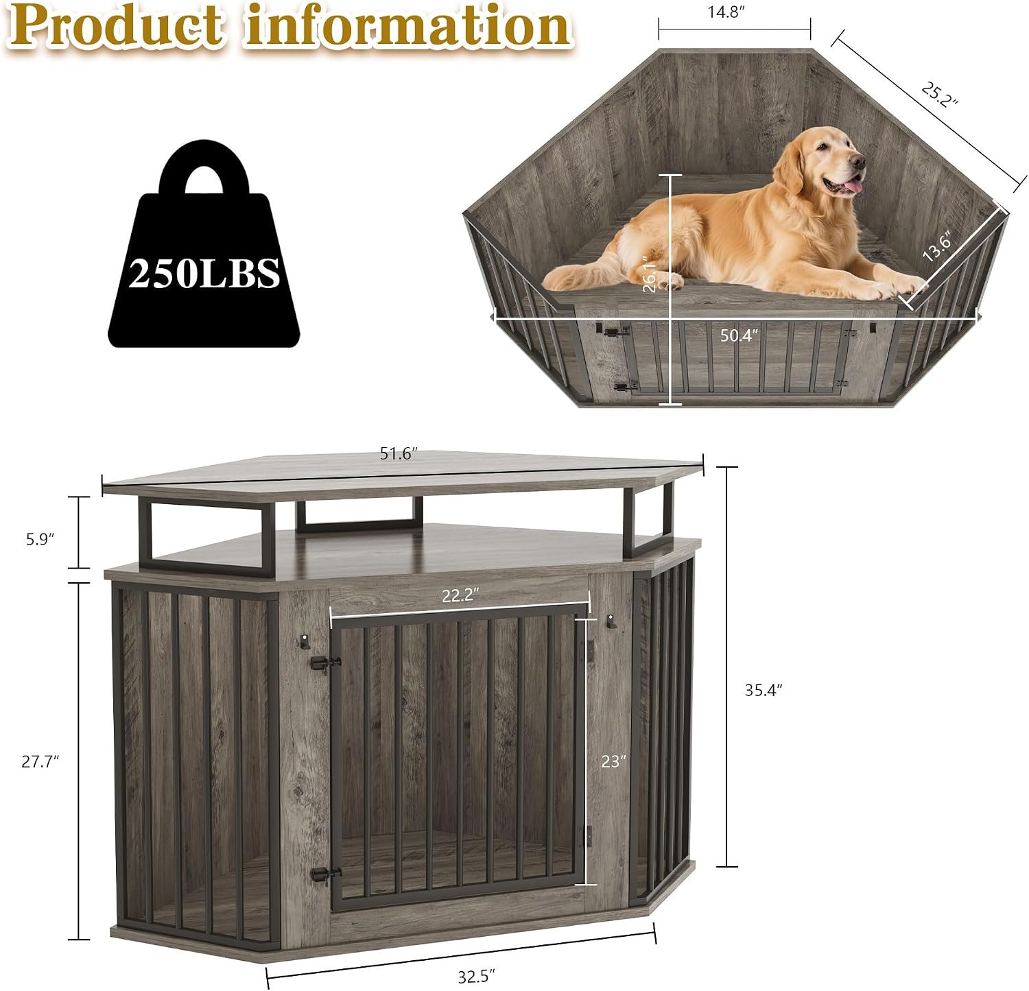 52" Corner Dog Crate Furniture with Storage Shelves, Farmhouse Large Dog Kennel Indoor, Wooden Pet Crate, Heavy Duty, Chew Resistant, 2 Hooks, Washed Gray