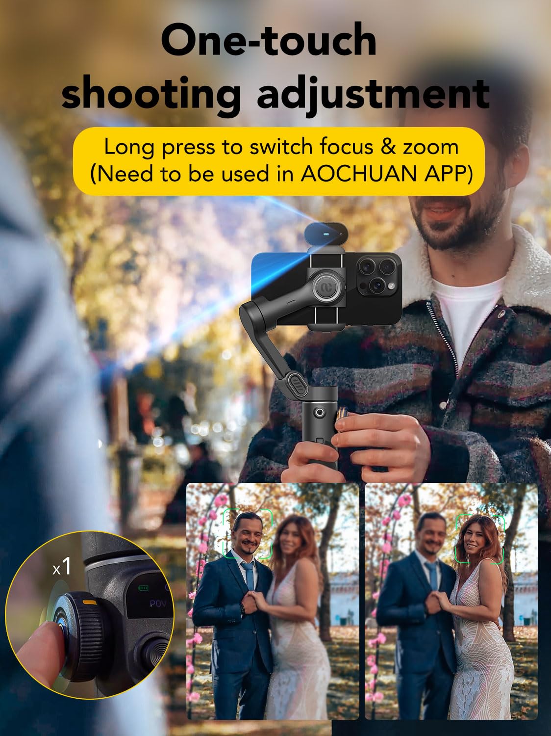 AOCHUAN Stabilizator Gimbal do smartfona, NIE APP Tracking, 20 cm pręt przedłużający, stabilizator do śledzenia twarzy i obiektów do iPhone'a i Androida, 3-osiowy gimbal OLED do nagrywania wideo