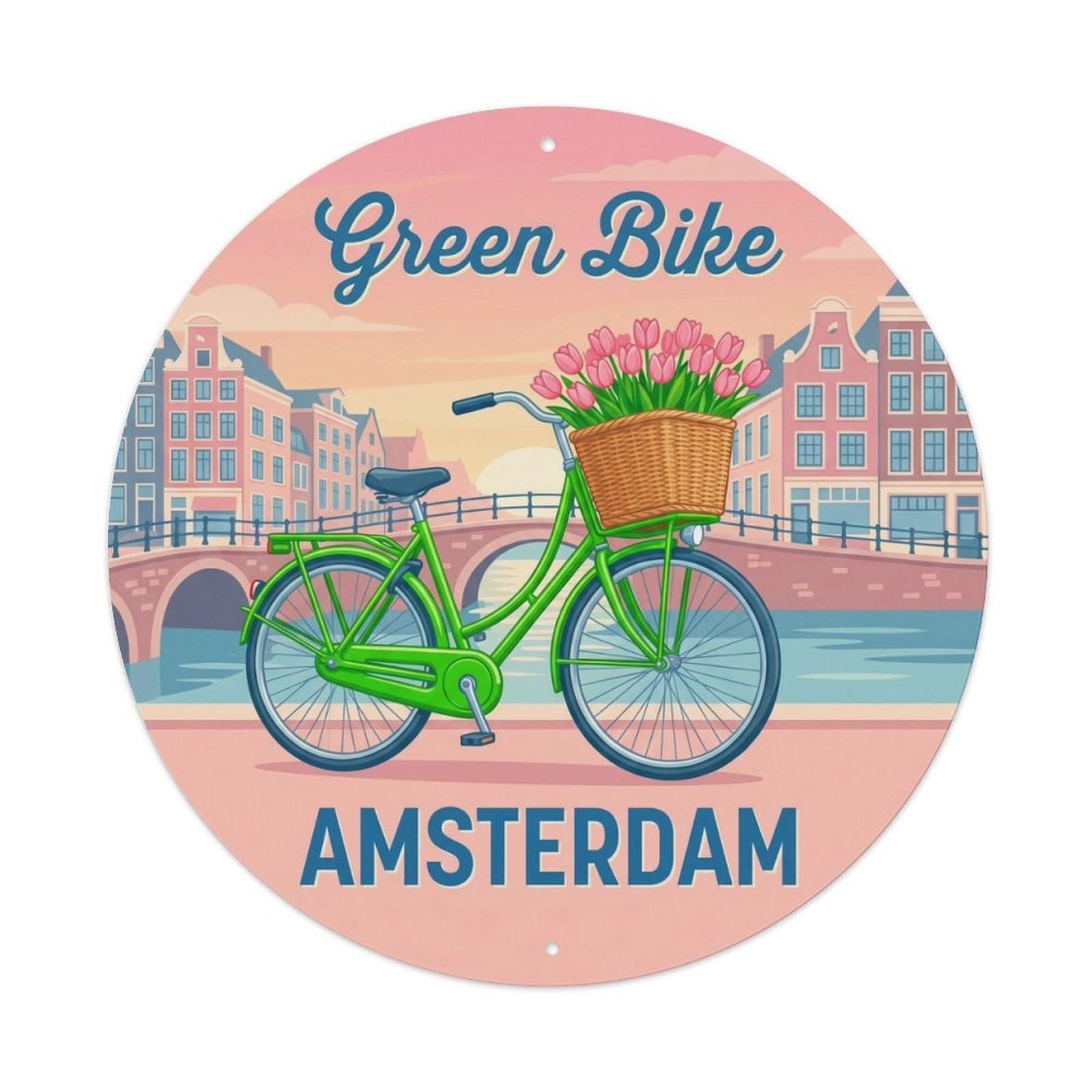 Vintage Travel Amsterdam Green Bicycle 1 Metal Tin Sign Plaque Wall Decor for Cafe, Club, Garden Round Metal Poster 8x8Inch