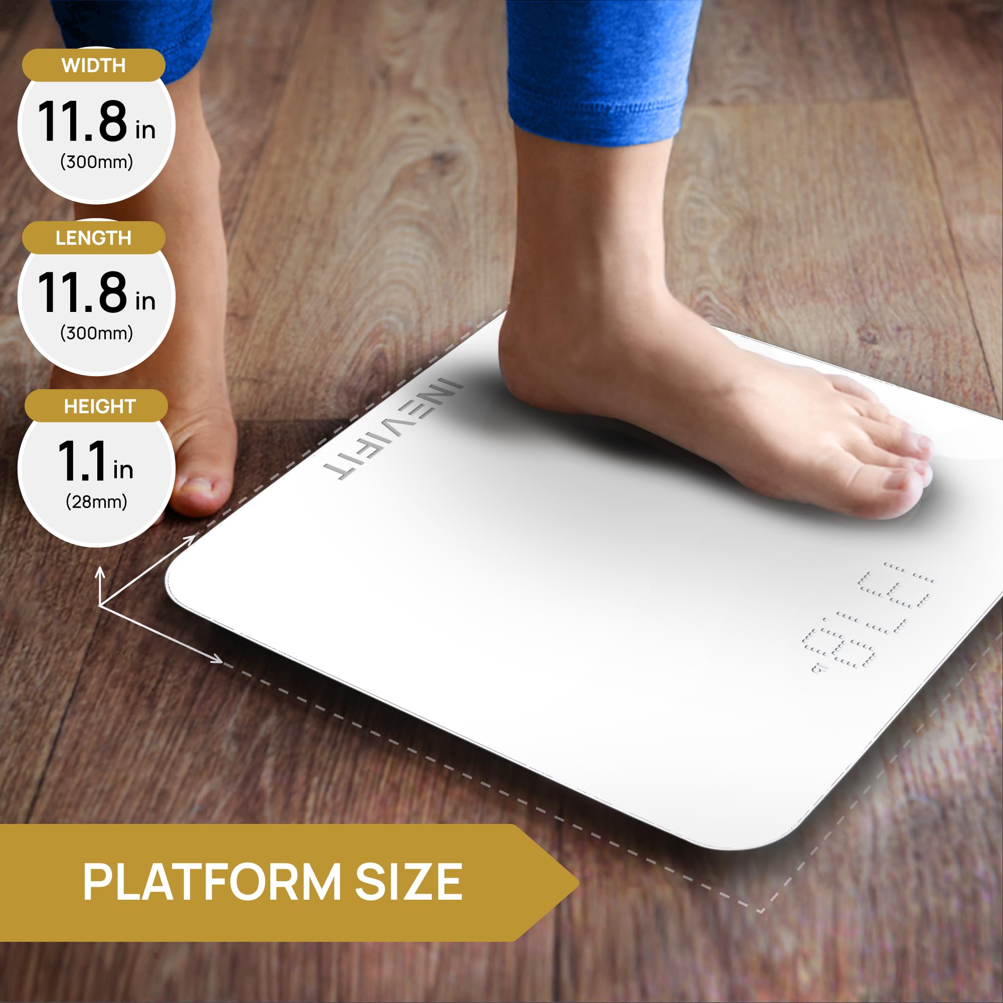 INEVIFIT Inteligentna waga łazienkowa, bardzo dokładna, cyfrowa waga do łazienki, precyzyjnie mierzy wagę i BMI (S-biała)