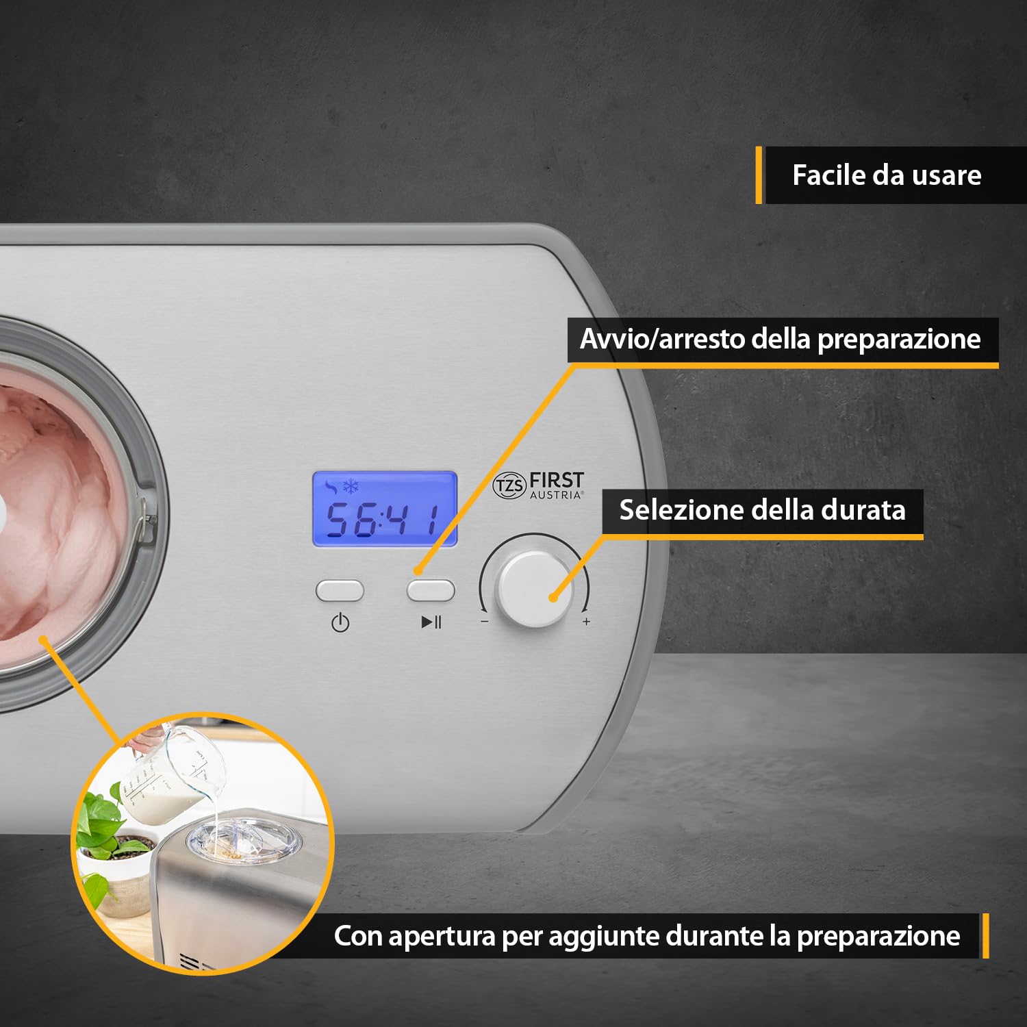 TZS First Austria Macchina per Gelato 1,2L - 135W - Compressore e Funzione Raffreddamento - Gelatiera per Gelato, Sorbetto o Frozen Yogurt - Cestello in Acciaio Inox - Grigio