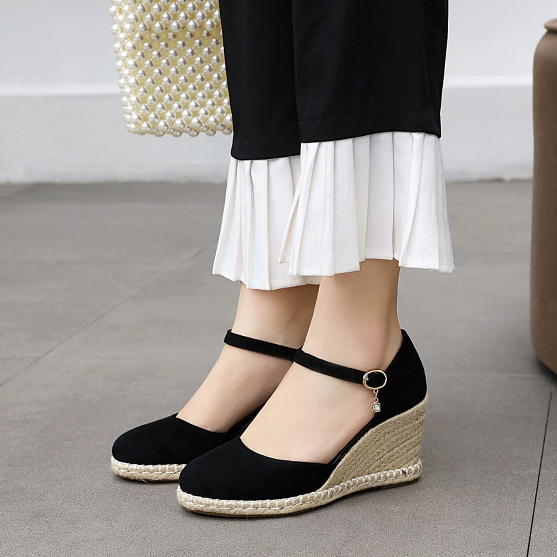 Espadrille con Tacco Alto Donna, Sandali Punta Rotonda Eleganti Zeppa Scarpe da Sera con Plateau Fibbia con Cinturino Alla Caviglia Bow, Numero 31-44