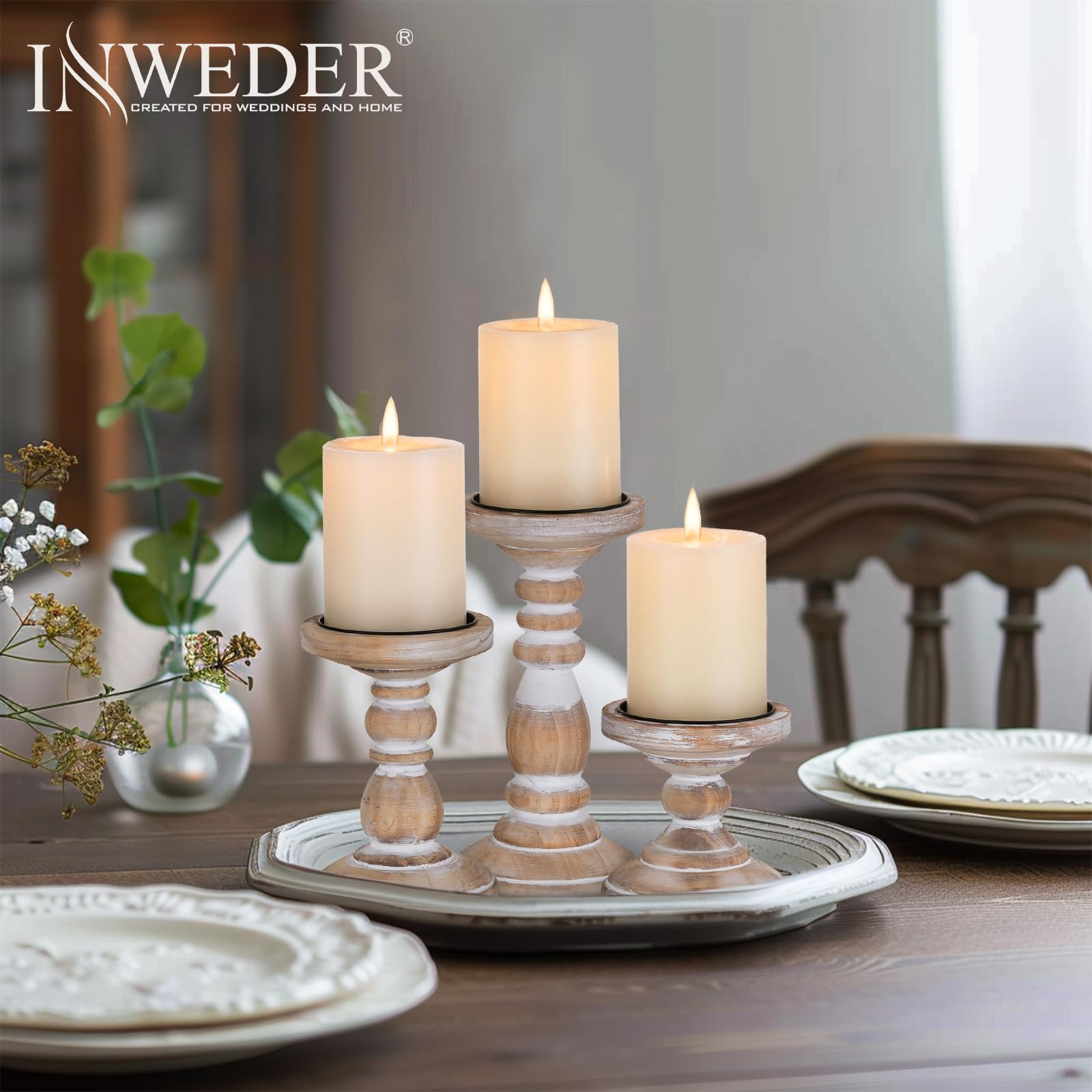 Inweder Wood Candle Holders for Pillar Candles: 3 pcs White Rustic Candle Holders Distressed Wooden Farmhouse Candleholder for Home Decor Tall Pillar Candle Holder Stand for Fireplace Party Event - Image 3