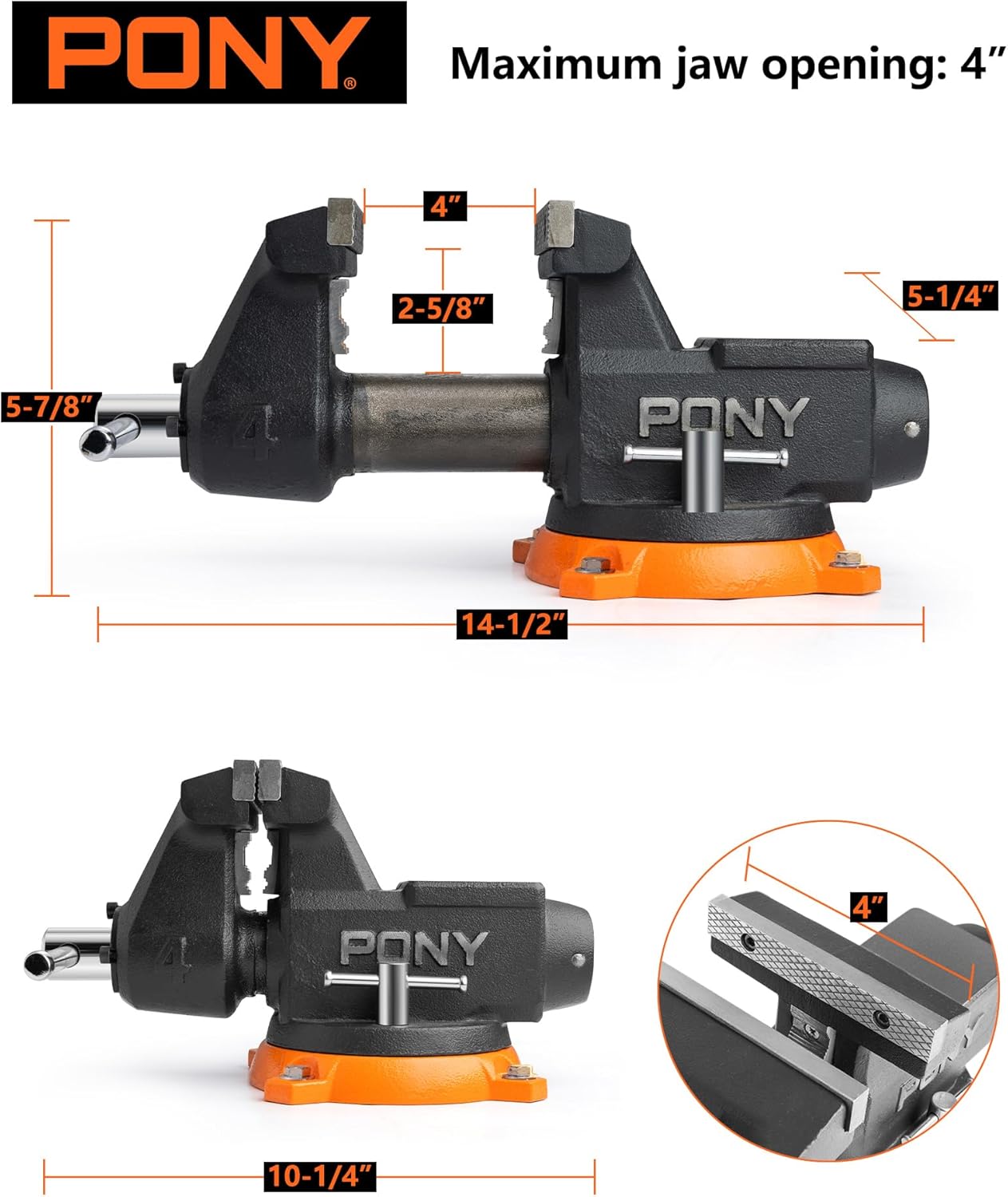 PONY 4 Inch Heavy Duty Bench Vise 4400LBS Clamping Force, Pro Workshop Workbench Vise with 360-Degree Rotatable Base and Anvil, 4-Inch Jaw Opening and Width for Woodworking, Drilling, Pipe Cutting