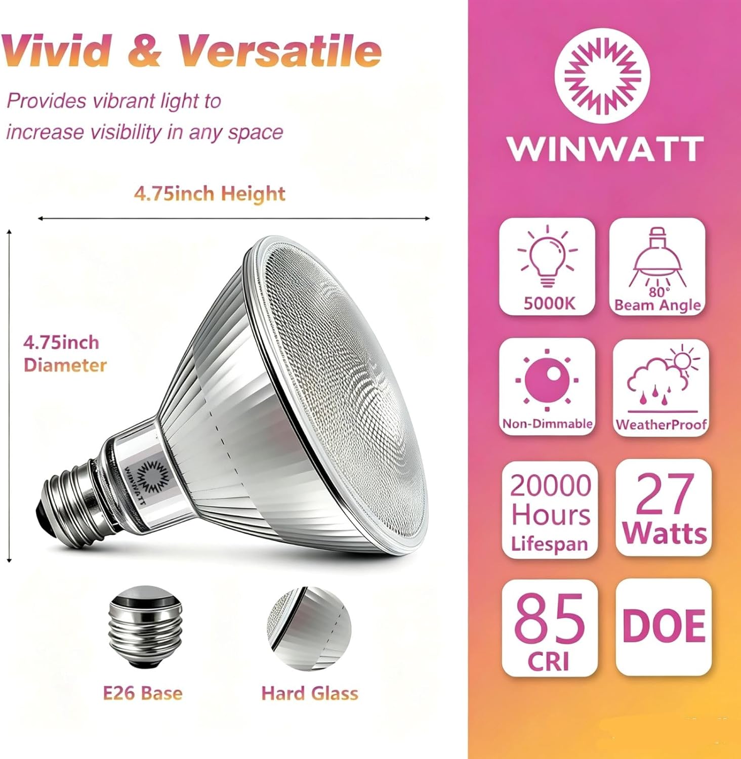 LED Light Bulbs PAR38 Full Glass, 27W=300W Equivalent 4000 Lumens Ultra Bright 20000 Hours Classic Flood Light Bulbs, Waterproof Non-Dimmable 5000K Daylight, 4-Pack