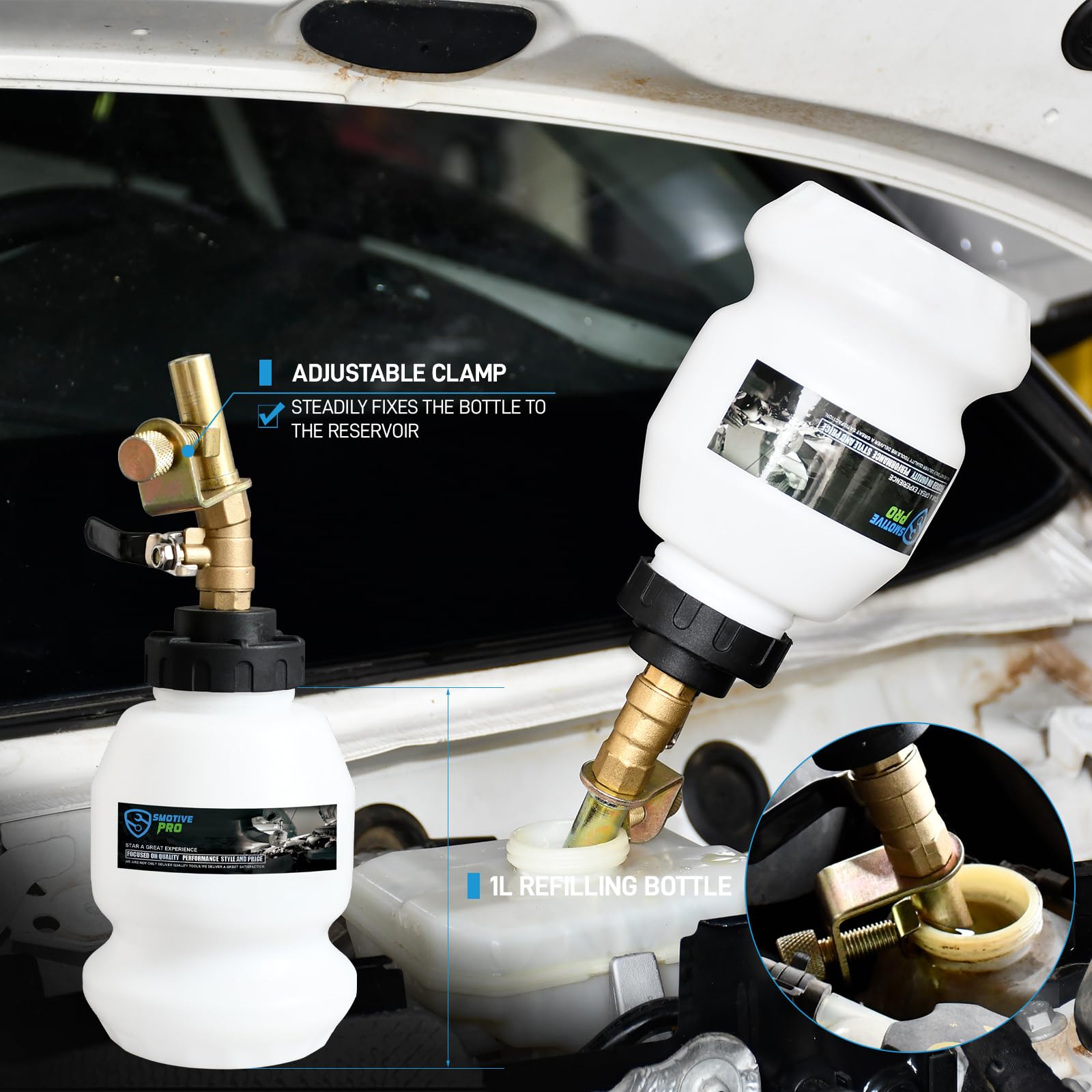 SMOTIVEPRO Dispositivo de purga de frenos de 3 litros, dispositivo de purga de frenos para coche, con 16 adaptadores de ventilación y botella de recarga de 1 L, bomba de vacío neumática para coche
