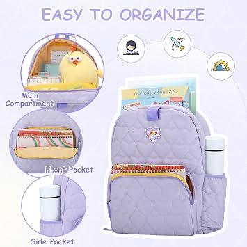 Chase Chic Toddler Backpack for Girls, Puffer Cute Lightweight Preschool Backpack with Lunch Box Set for Daycare Travel Kids Age 3-6,Purple Heart