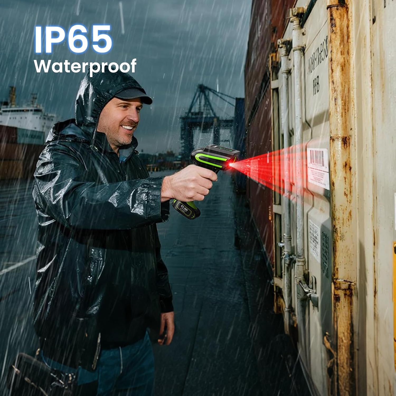 Man using Eyoyo EY-041 Barcode Scanner in the rain, demonstrating IP65 waterproof rating