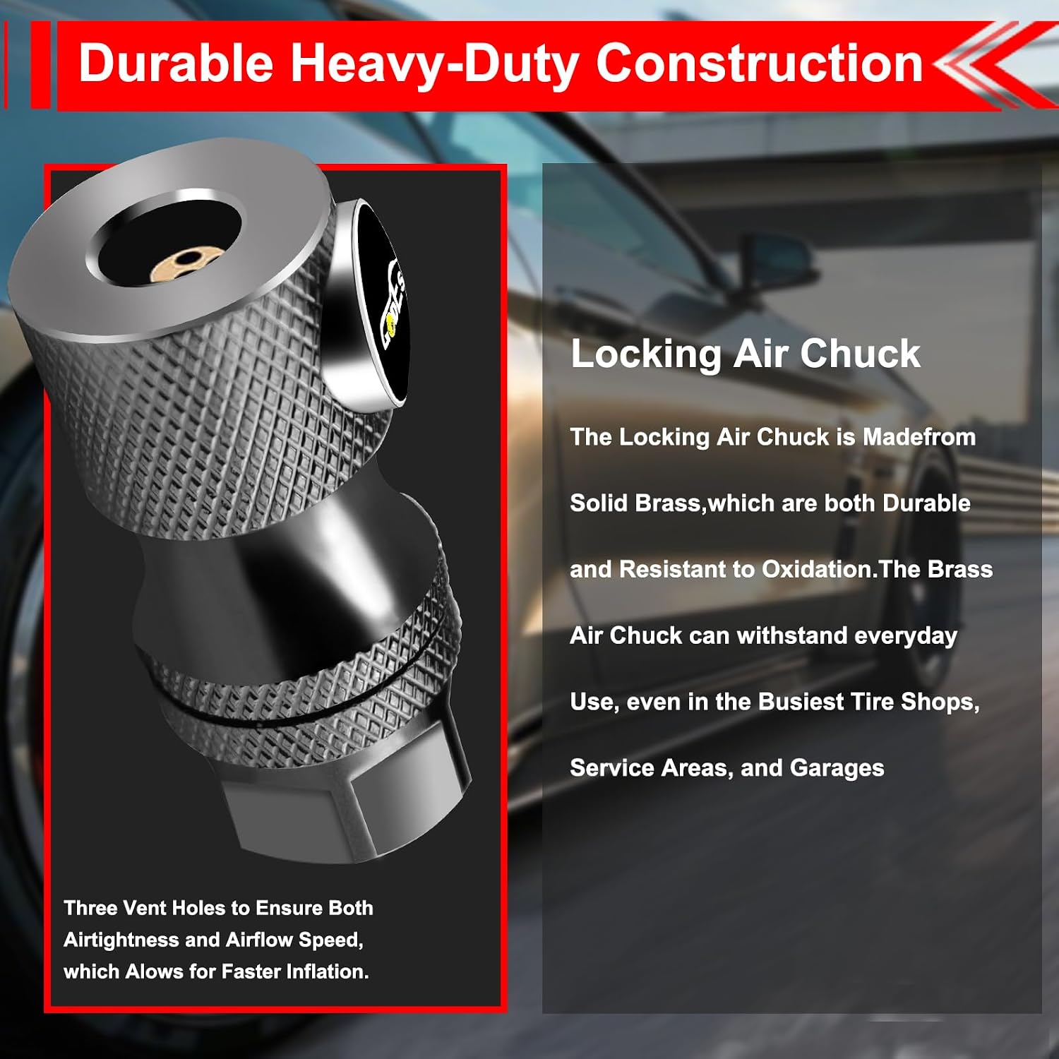 GODESON Locking Air Chuck - Patented Design, 200 PSI, Solid Brass Construction(200PSI), Quick Release for Tires, Close Flow 1/4" NPT Threads Tire Chucks Compatible with Most Air Inflators (Pack of 2)