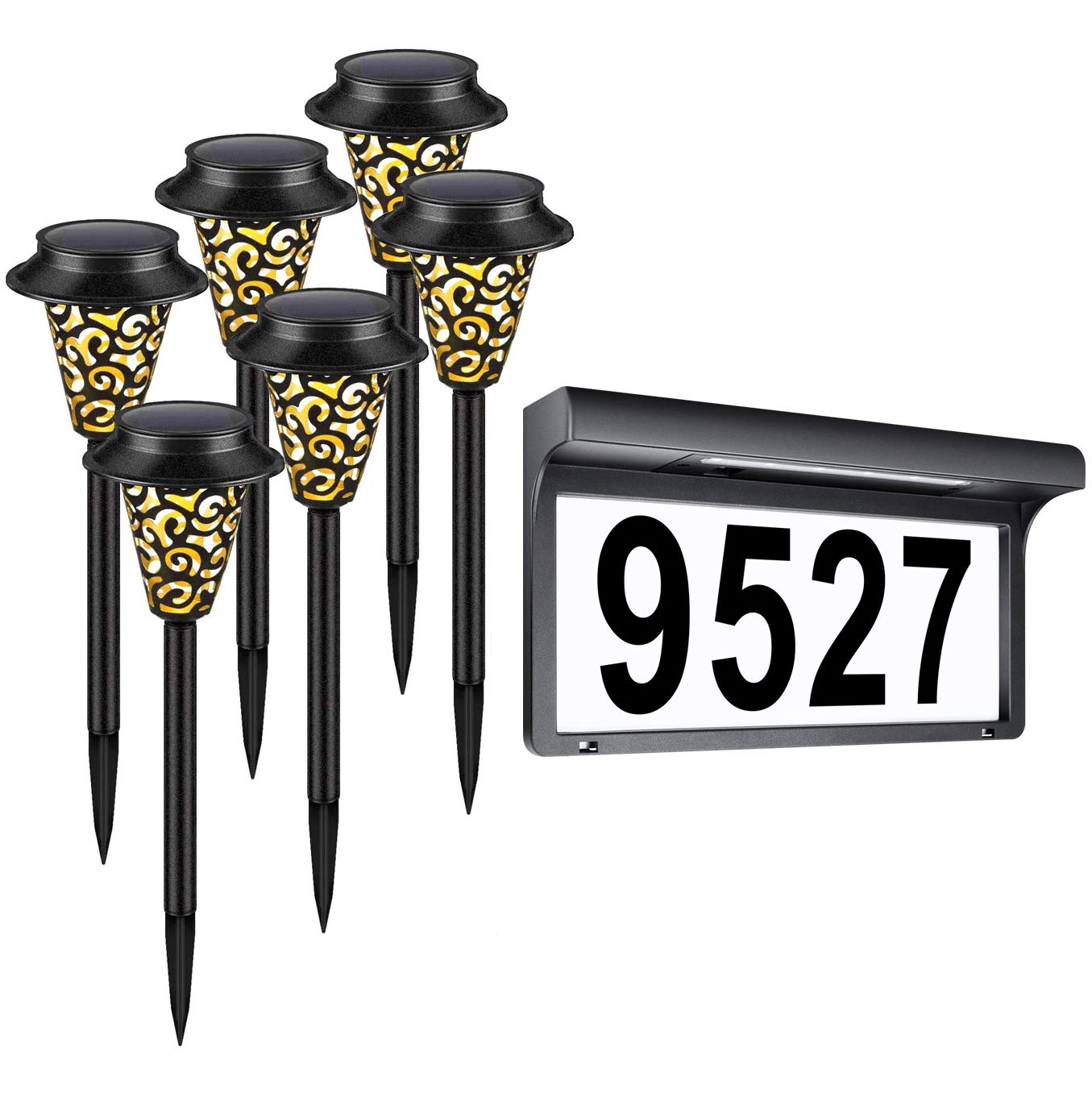 LeiDrail 1 Solar Address Sign & 6 Solar Pathway Lights, Solar Lights Outdoor Metal LED Waterproof