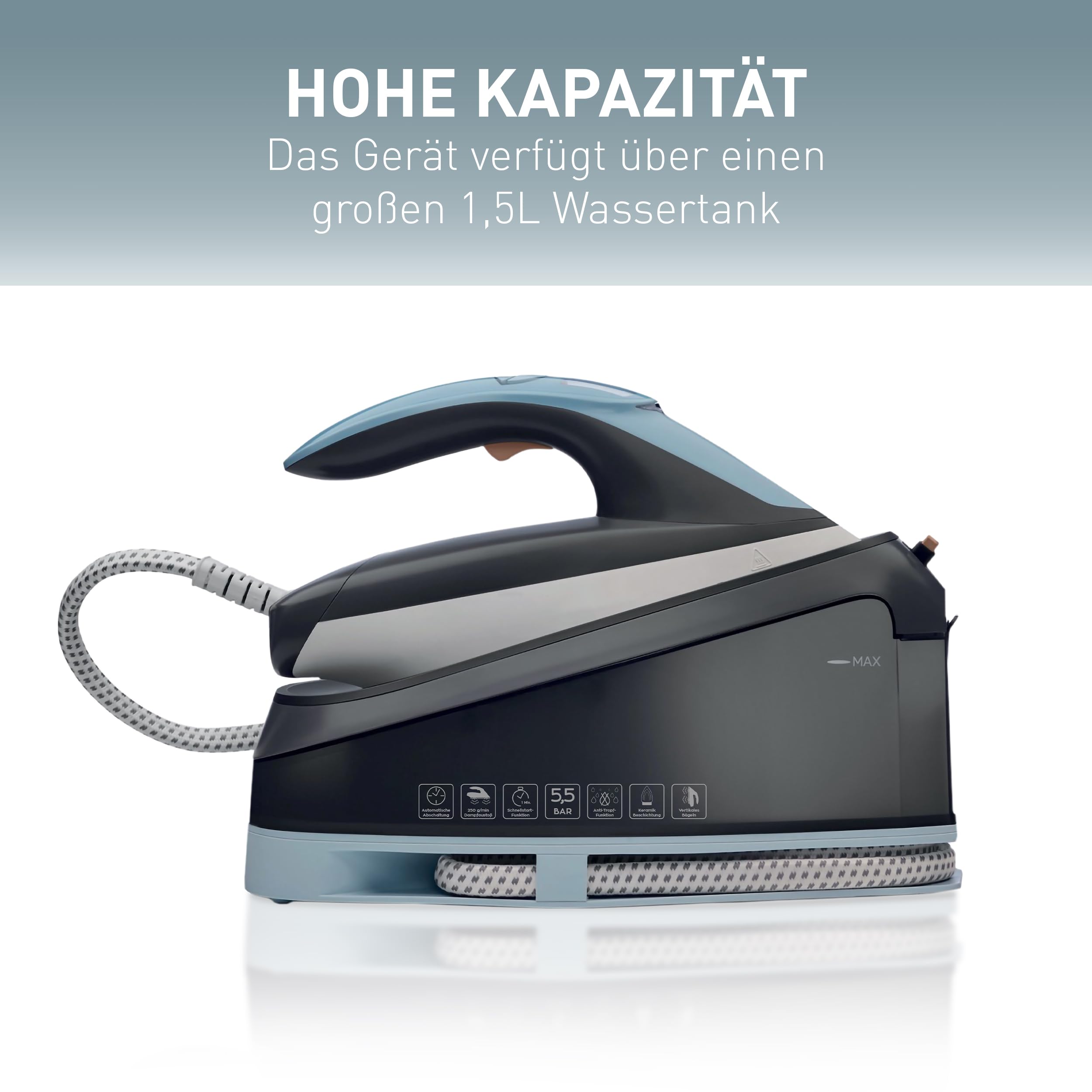 HEINRICHS Dampfbügelstation, 250 g/min Dampfstoß, 5,5 Bar Druck, 3 Funktionen, integriertes Display, großer 1,5 L Wassertank, Keramikbügelsohle, Selbstreinigungsfunktion, 3200 W Leistung, Schwarz-Blau