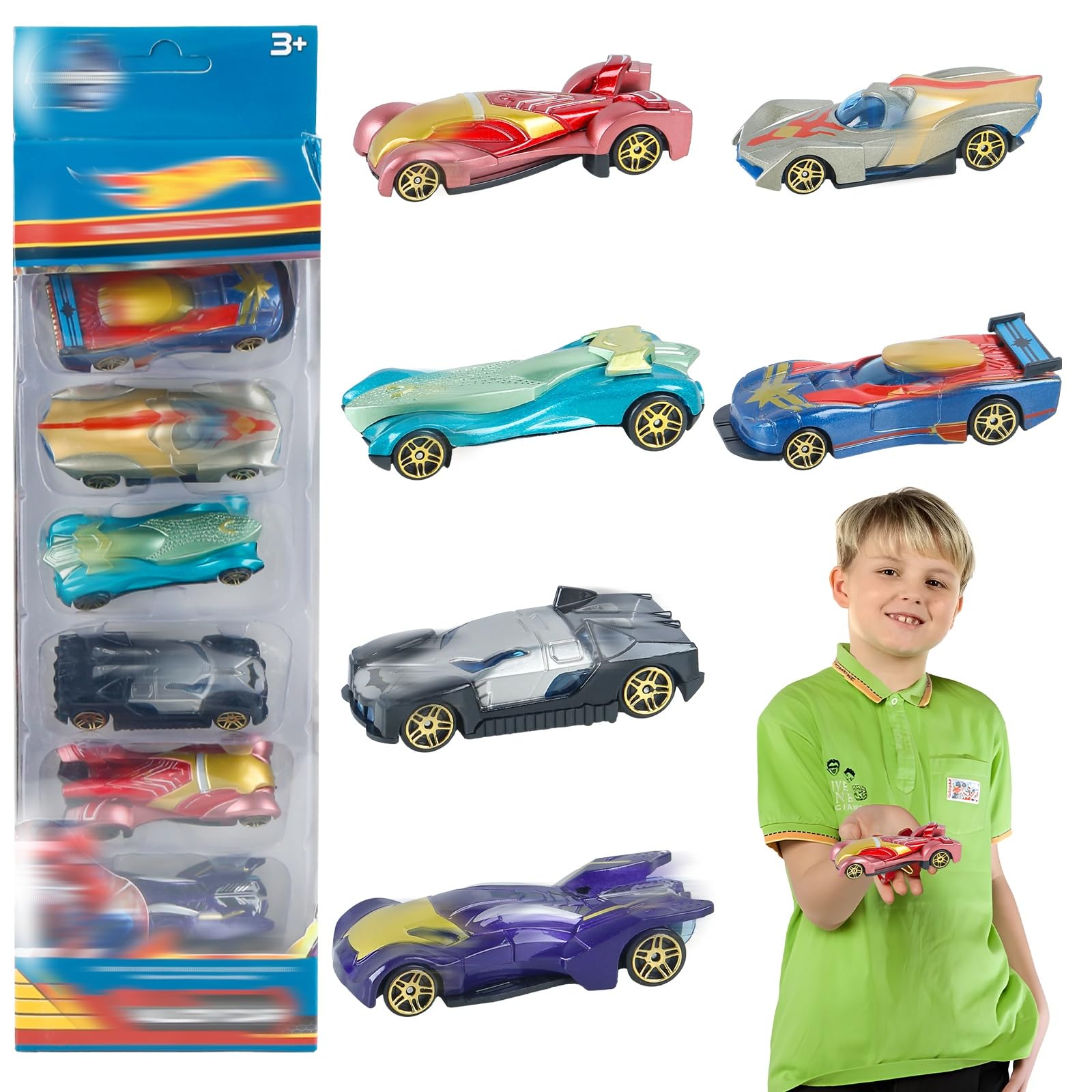 Amazluck 6 PCS Car Toys with Gift Box, Toy Car Kids Toys Racing Vehicles Powered Push Mini Model Racing Collectable Character Vehicles Model Gift for Kids Boys Ages 4 5 6 7