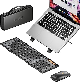 ProtoArc XKM01 CaseUp Foldable Keyboard Mouse Combo with Laptop Stand - Portable Bluetooth for MacBook Windows PC Travel