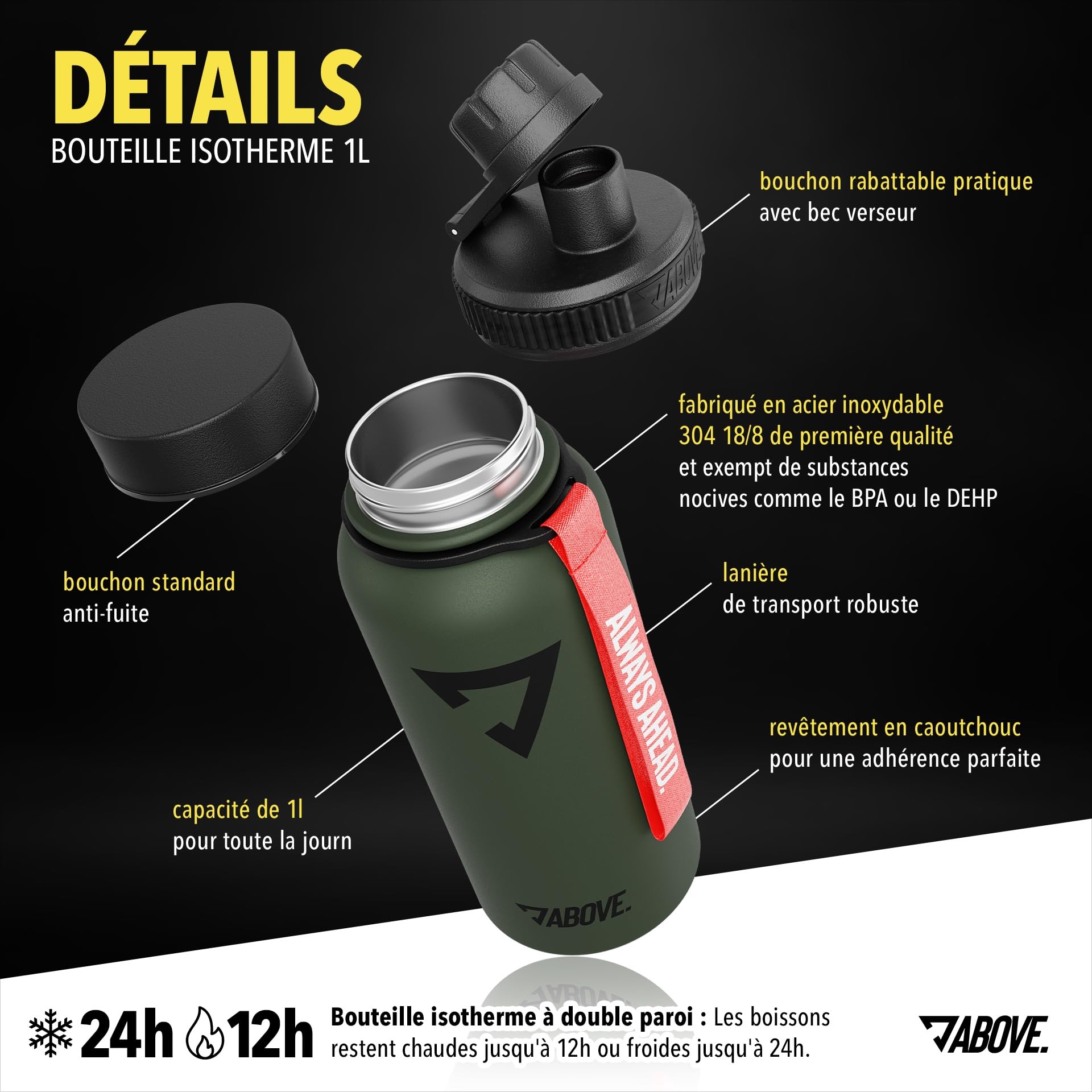 ABOVE. Gourde Isotherme Inox 1L – Sans BPA, Étanche & Robuste – 2 Bouchons Inclus – Garde le Froid 24H et le Chaud 12H – Bouteille en Acier Inoxydable pour Sport et Outdoor avec Coffret Cadeau (Olive) - 4