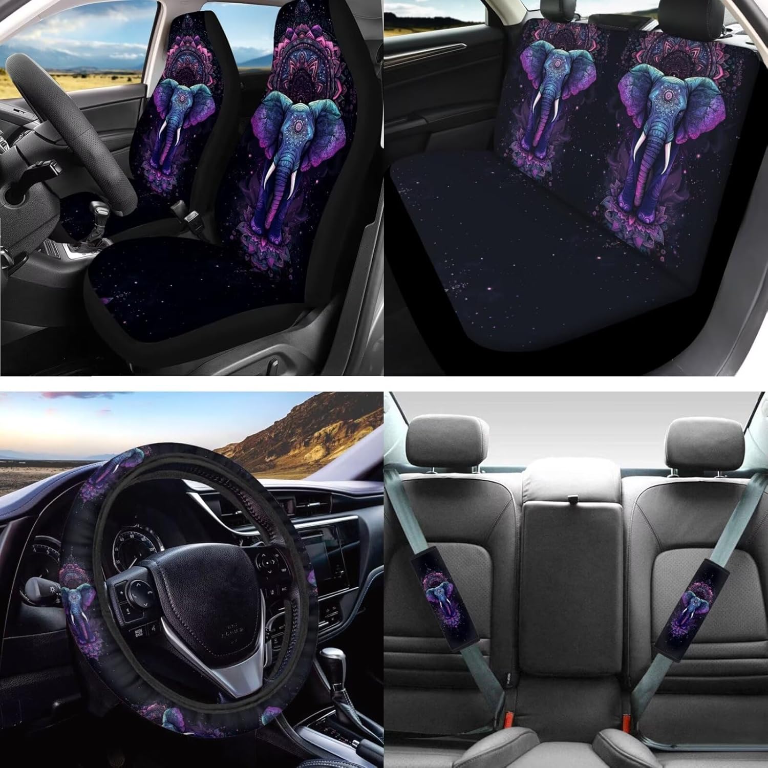 Elephant Print Car Seat Covers Full Set for Women Mandala Flower Car Front Back Split Bench Protector Steering Wheel Cover Seatbelts Pads Coaster Armrest Headrest Cover, Purple
