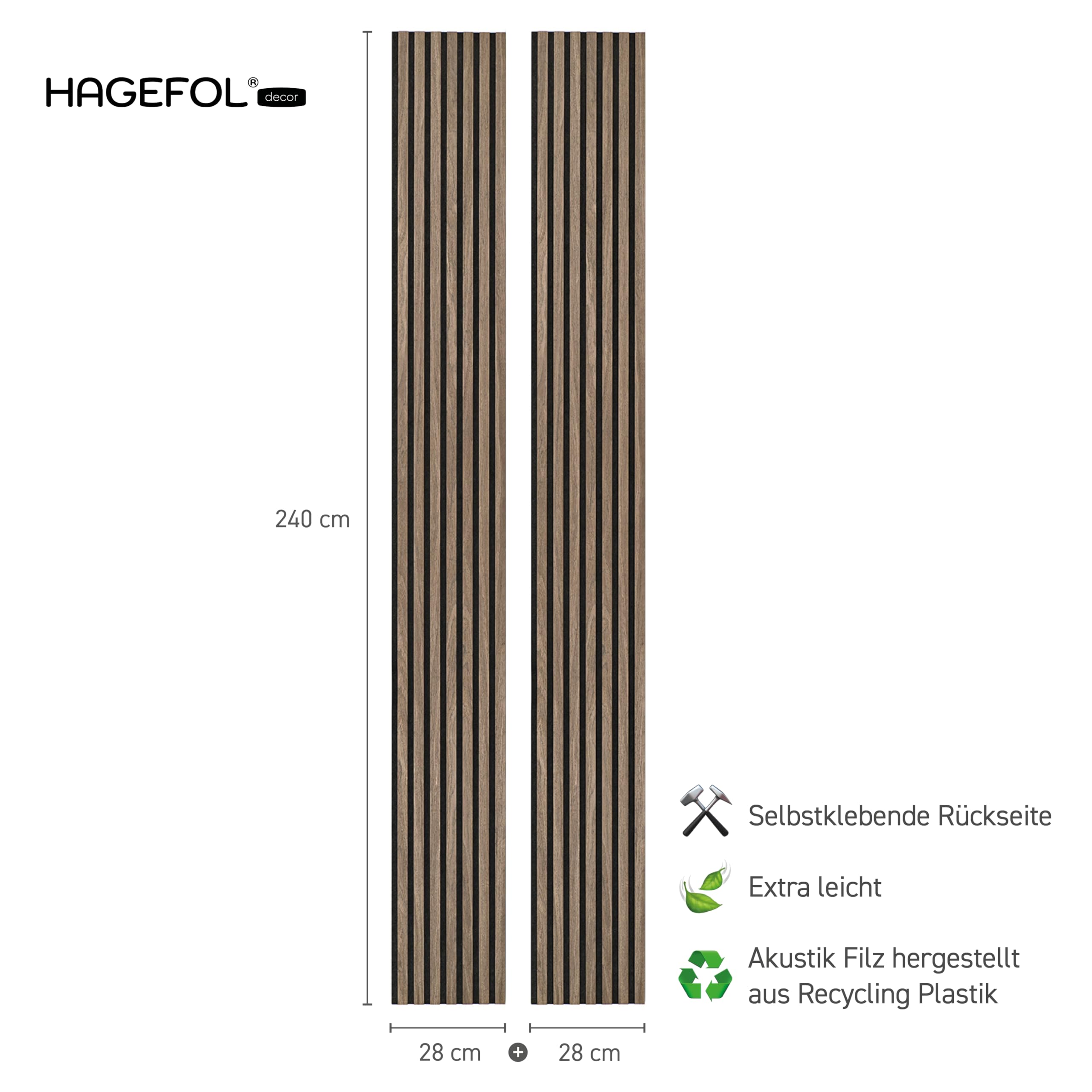 HAGEFOL® Akustikpaneele selbstklebend 240x56 cm, Farbe: Walnuss, Wandpaneele Holz Optik Wanddeko, 3D Lamellenwand Schallschutzplatte aus Holzfurnier auf Akustik Filz (2 Stück, 240x28cm im Paket)