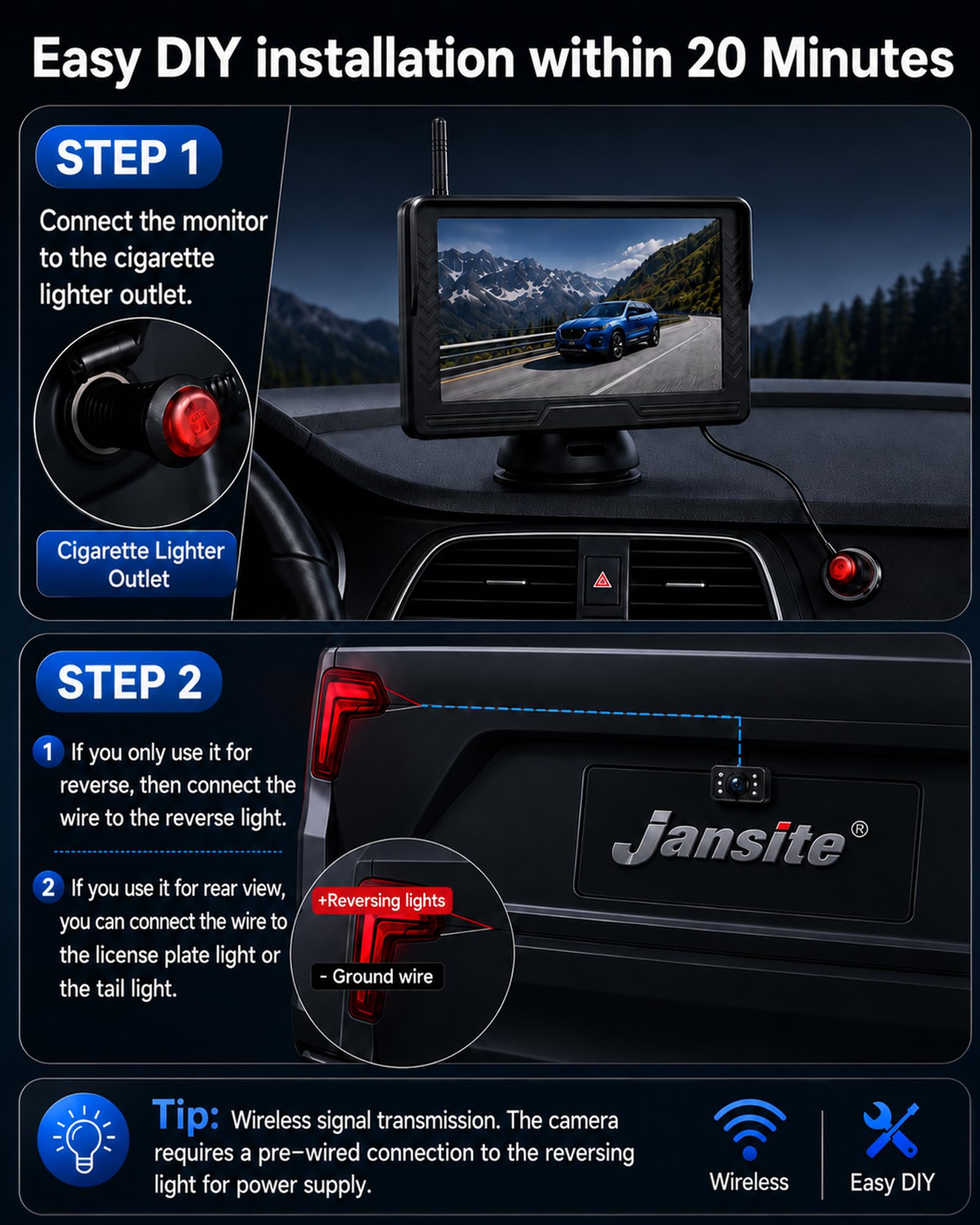 【Segnale Stabile】Telecamera Retromarcia Wireless AHD 1080P Telecamera Posteriore Auto e Monitor da 5" Impermeabile IP69 Visione Notturna 6 LED di Luce Telecamera Parcheggio Auto per Roulotte Autocarri
