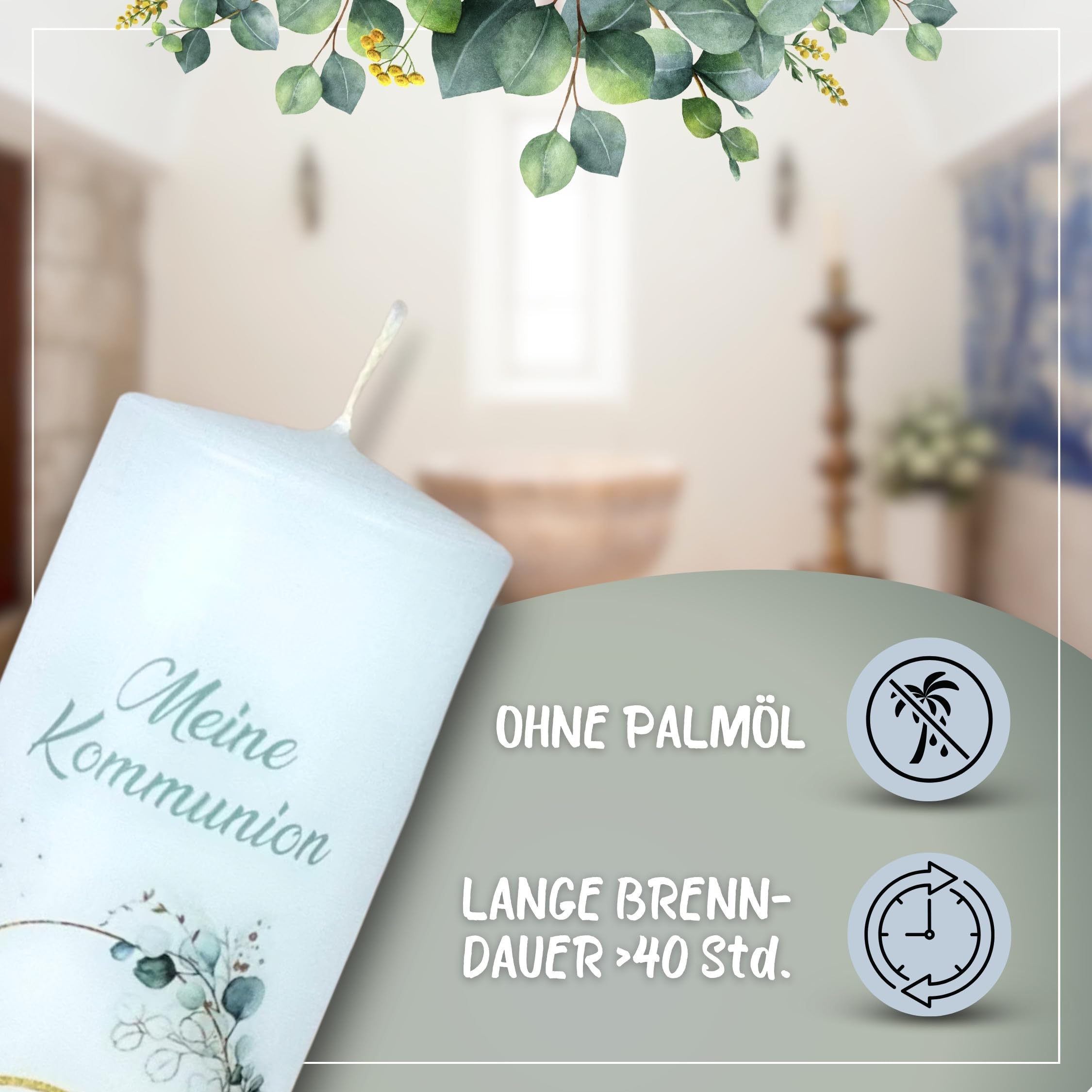 Taufkerze Kommunionkerze Eukalyptus Fisch Elias 25x6cm – Wunschname Personalisierbar – Geschenk zur Taufe für Jungen & Mädchen – Handarbeit mit Schleife – gold-salbei