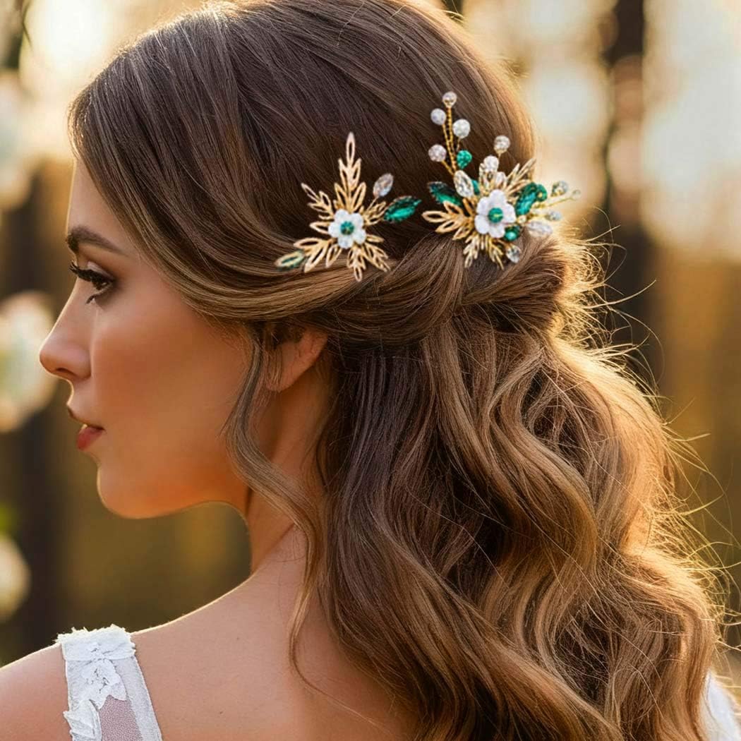 Heread Flower Bride Wedding Hair Pins Gold Leaf Bridal Hair Pieces Green Crystal Hair Accessories for Women and Girls - Image 3