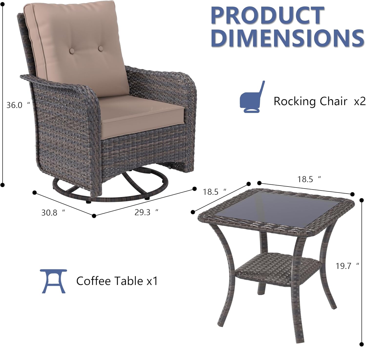 ALAULM 3 Piece Wicker Patio Chairs Outdoor Swivel Rocker Chairs with 4”Thick Cushions and High Back, Rattan Swivel Set w/Side Table for Patio, Porch, Poolside, Deck, Backyard, Garden-Sand